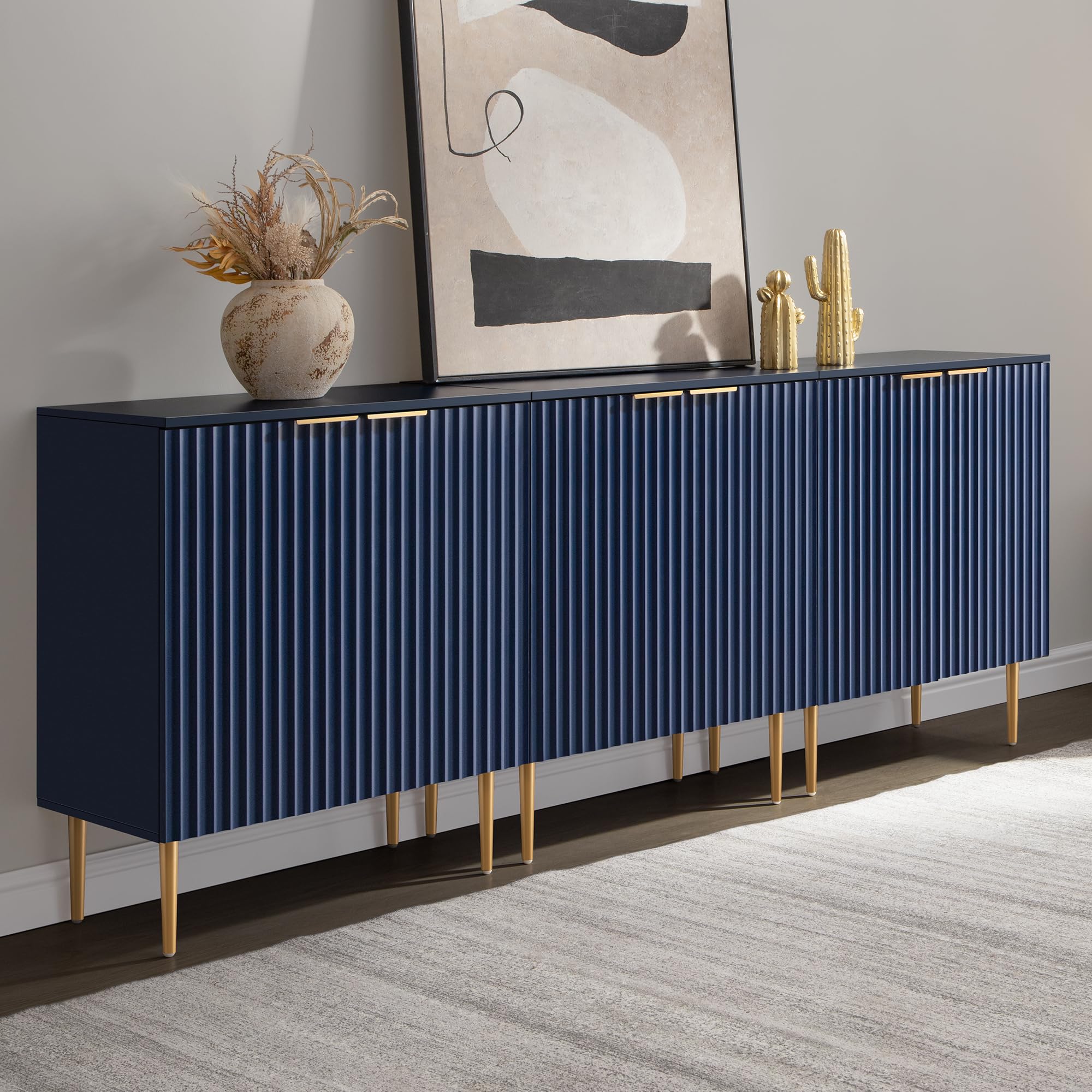 SICOTAS Sideboard Cabinet - 87'' Modern Accent Credenza Storage Cabinet Kitchen Fluted Sideboard with 6 Doors & Adjustable Shelves, Console Coffee Bar Table for Entryway Living Room Hallway, White