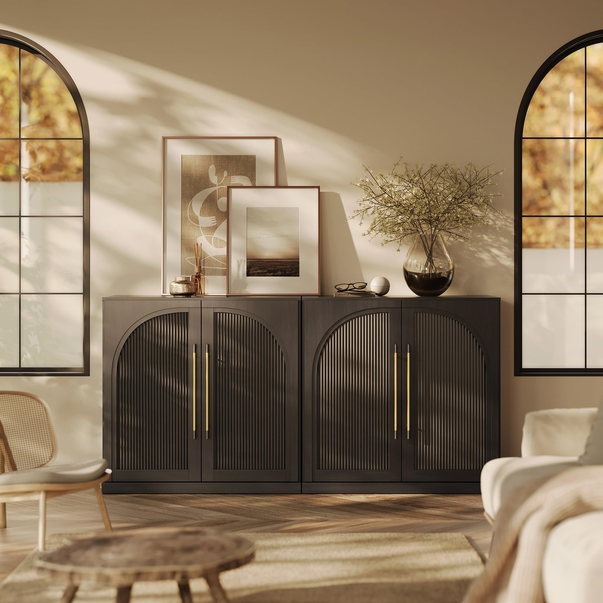 BELLEZE Modular Sideboard with Double-Arc Wood Doors, Small Arched Buffet Cabinet with Storage and Adjustable Shelves, Classic Modern Credenza for Dining Room, Living Room, or Entryway(Camel)