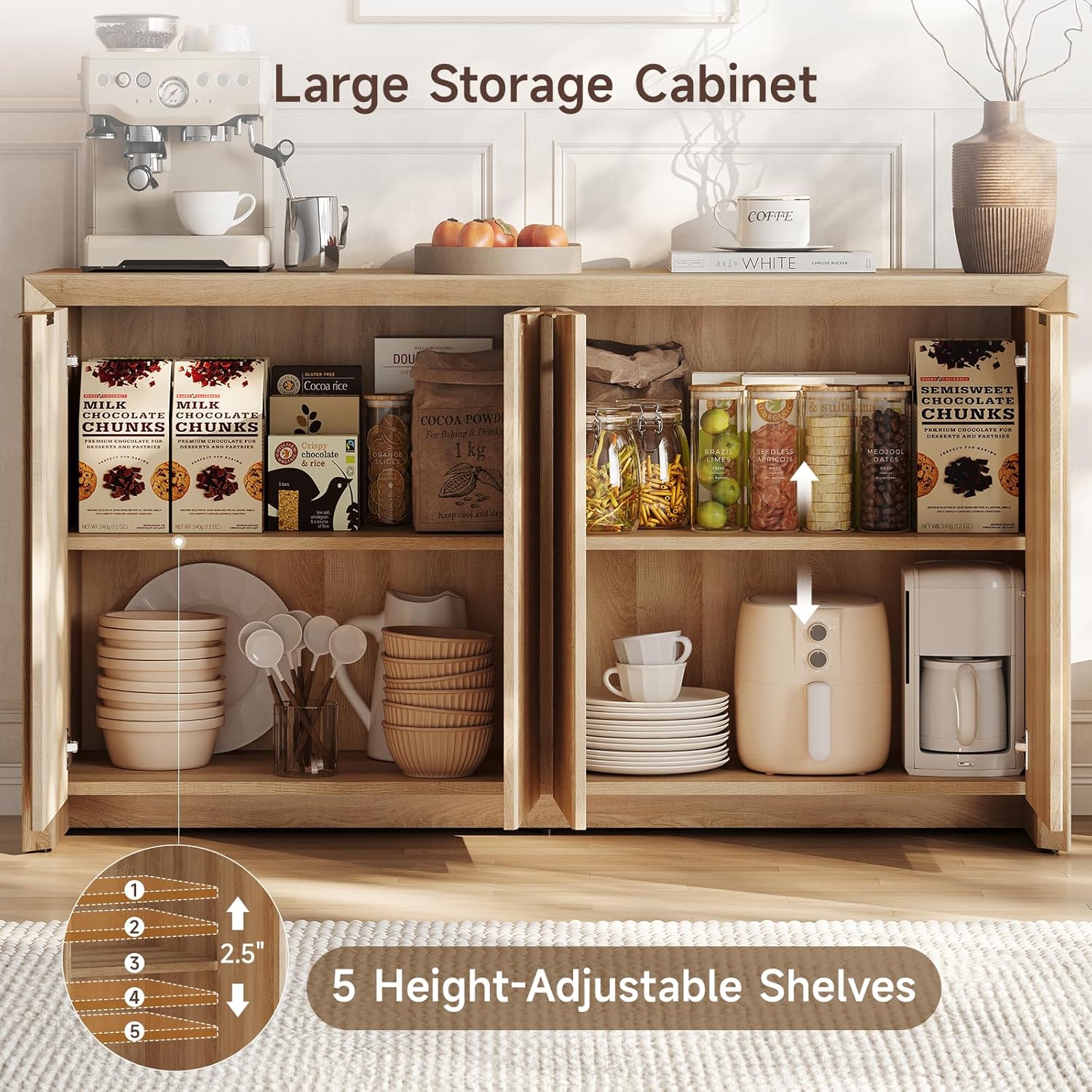 ONBRILL Fluted Sideboard Buffet Cabinet with Storage, Wooden Modern Fluted Sideboard with 4 Doors and 5 Adjustable Shelves, Coffee Bar Table for Dining Room, Hallway, Kitchen (Natural Oak)