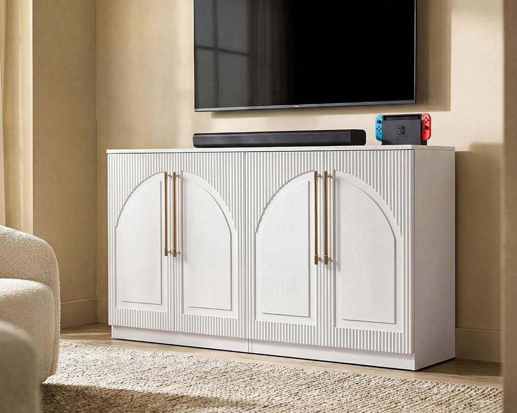 Morden Fort Handmade Fluted Arched Cabinet, Luxury Accent Cabinet with Adjustable Shelves, Durable Wood Modern Sideboard Buffet Credenza for Living Room Dining Room Entryway Bathroom White 31''