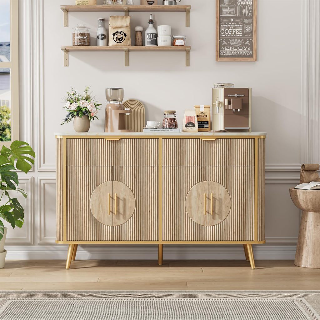 47.3" Modern Buffet Cabinet with Storage, Kitchen Sideboard Buffet with 2 Door & 3 Drawers, Fluted Caffee Bar Storage Cabinet for Dining Room, Living Room, Entryway, Natural Oak