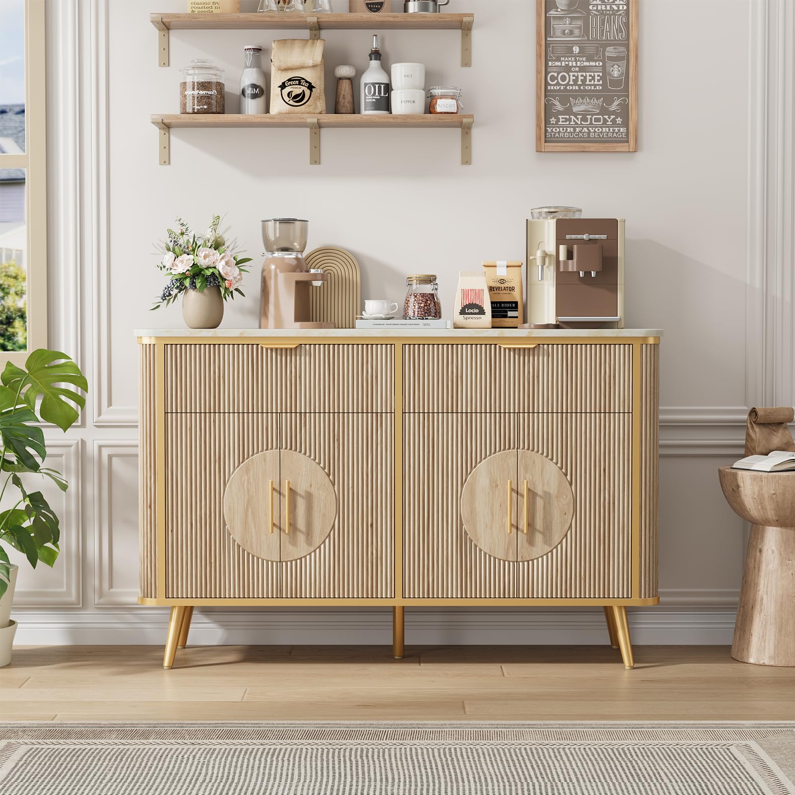 47.3" Modern Buffet Cabinet with Storage, Kitchen Sideboard Buffet with 2 Door & 3 Drawers, Fluted Caffee Bar Storage Cabinet for Dining Room, Living Room, Entryway, Natural Oak