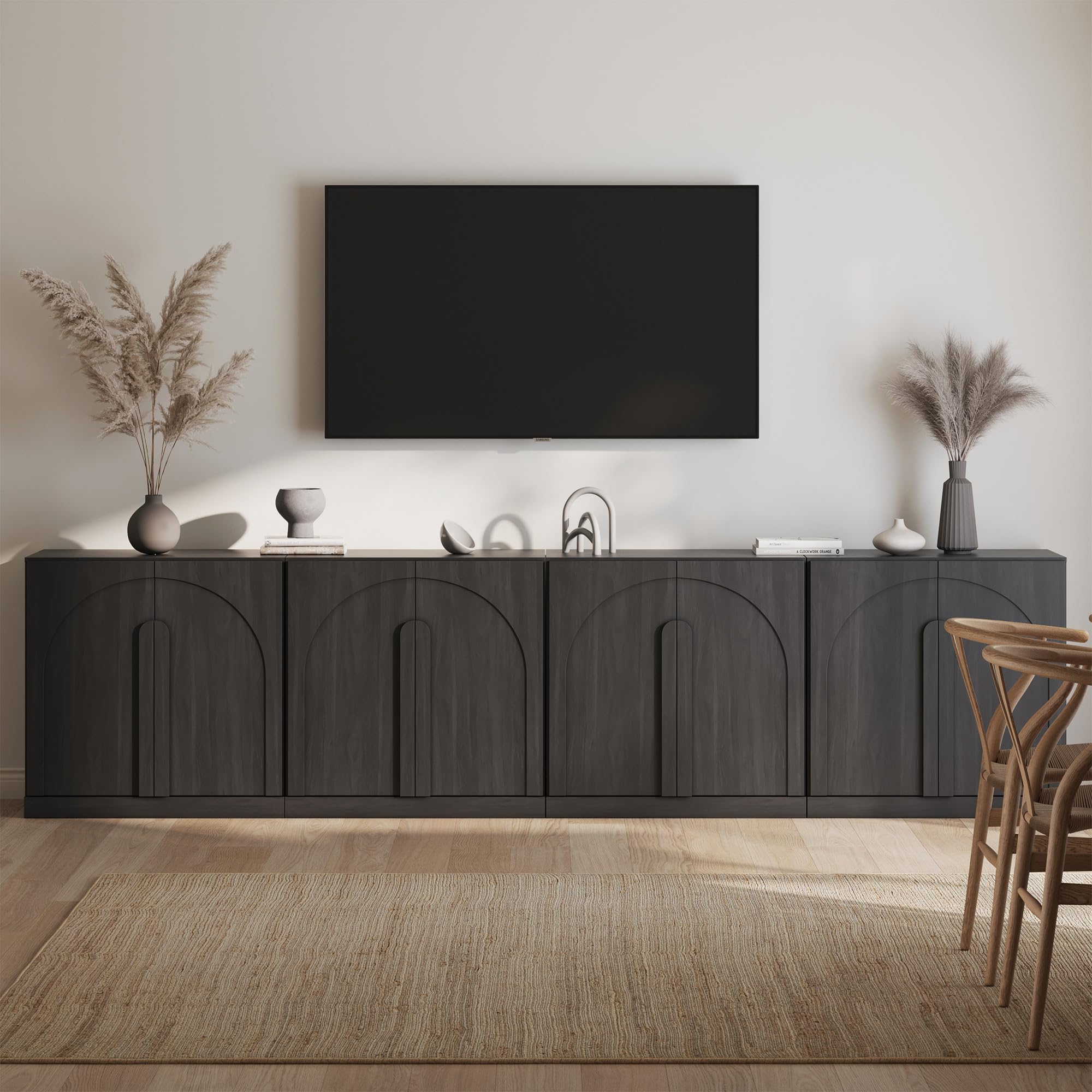 BELLEZE Modular Sideboard with Double-Arc Wood Doors, Small Arched Buffet Cabinet with Storage and Adjustable Shelves, Classic Modern Credenza for Dining Room, Living Room, or Entryway(Camel)