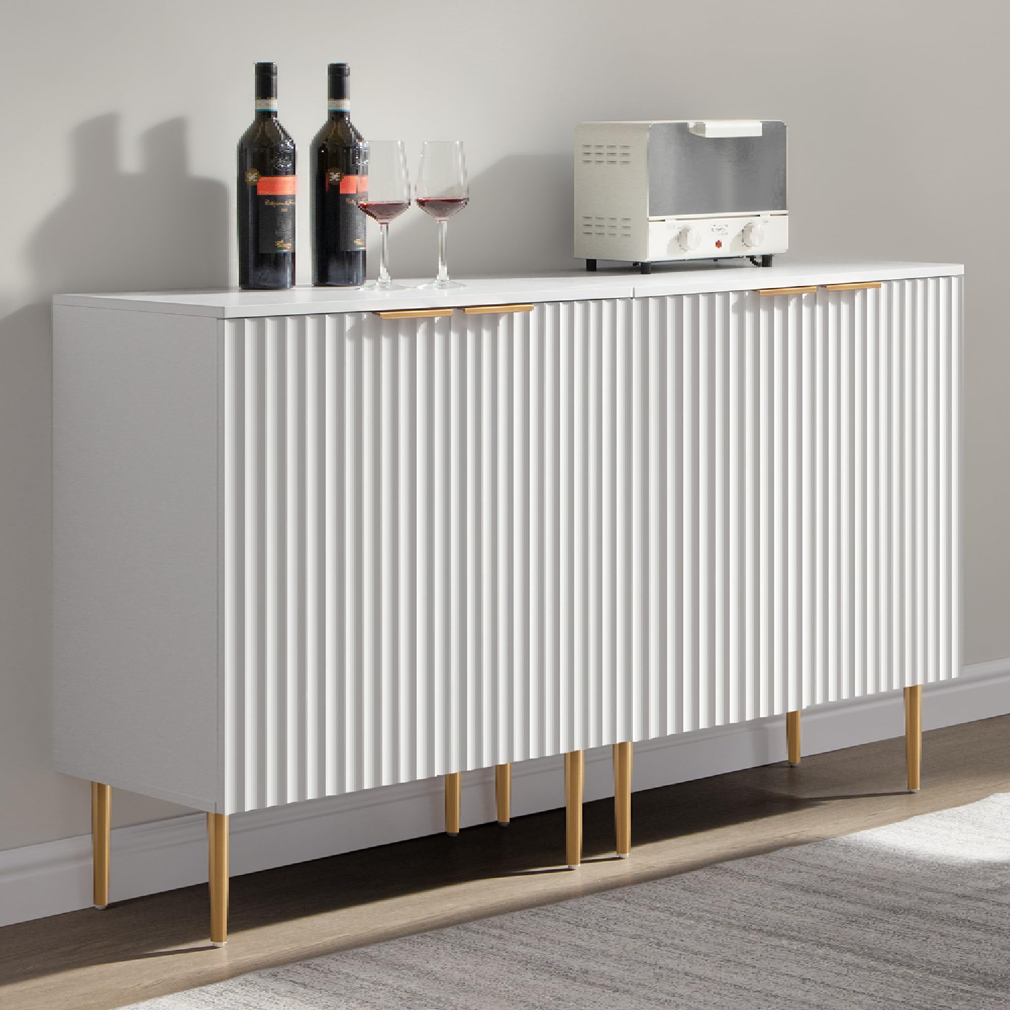 SICOTAS Sideboard Cabinet - 87'' Modern Accent Credenza Storage Cabinet Kitchen Fluted Sideboard with 6 Doors & Adjustable Shelves, Console Coffee Bar Table for Entryway Living Room Hallway, White