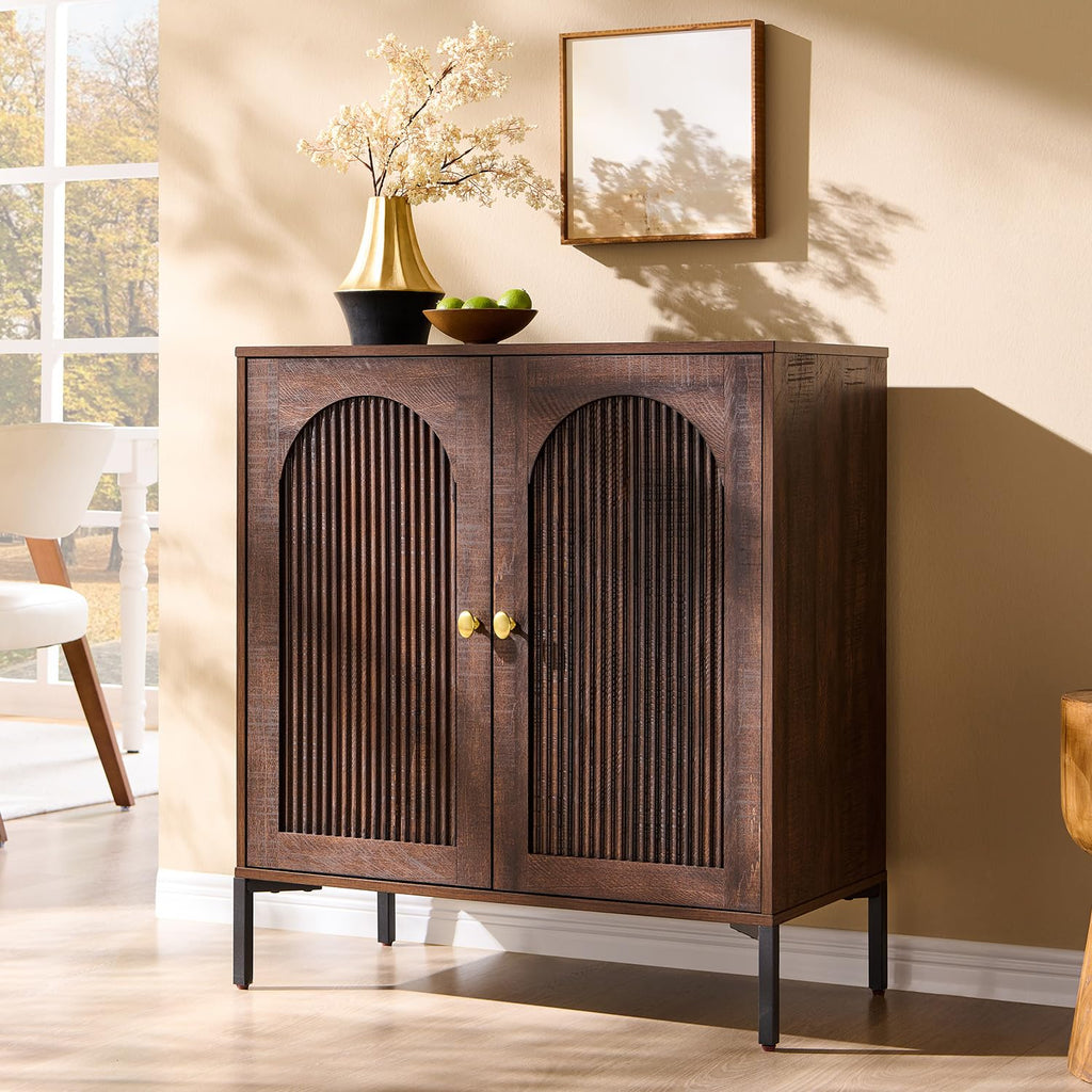 IFGET Modern Buffet Cabinet with Storage, 34" Tall Fluted Arched Sideboard Cabinet w/Adjustable Shelves, Wooden Modular Coffee Bar for Dining Room, Kitchen, Living Room, Entryway, Natural