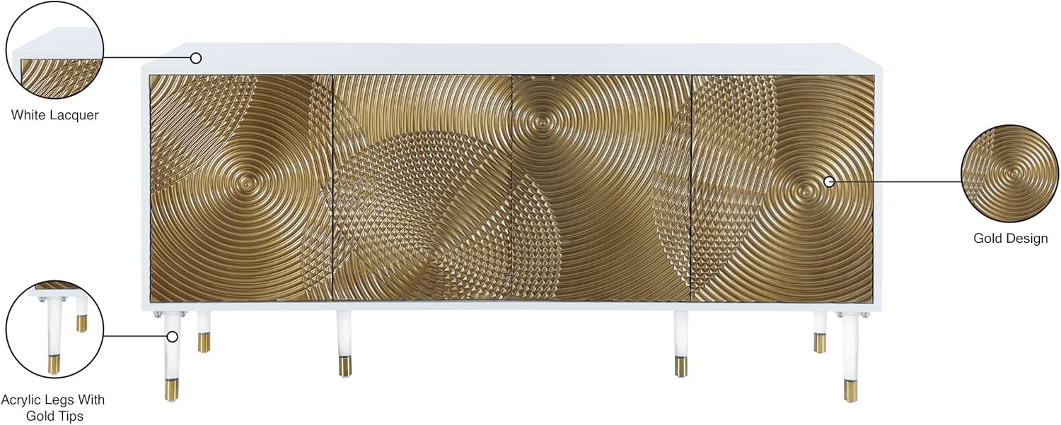 Meridian Furniture Bellissimo Collection Modern | Contemporary Lacquer Sideboard/Buffet Tipped Acrylic Legs Wood Design, 64" W x 18" D x 31" H, White/Gold