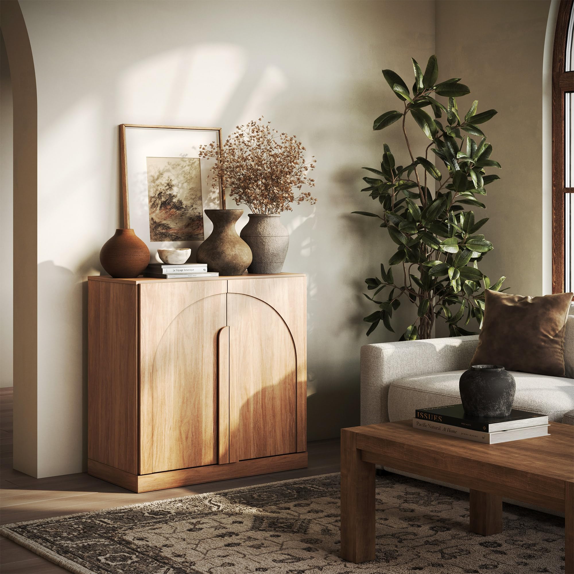 BELLEZE Modular Sideboard with Double-Arc Wood Doors, Small Arched Buffet Cabinet with Storage and Adjustable Shelves, Classic Modern Credenza for Dining Room, Living Room, or Entryway(Camel)