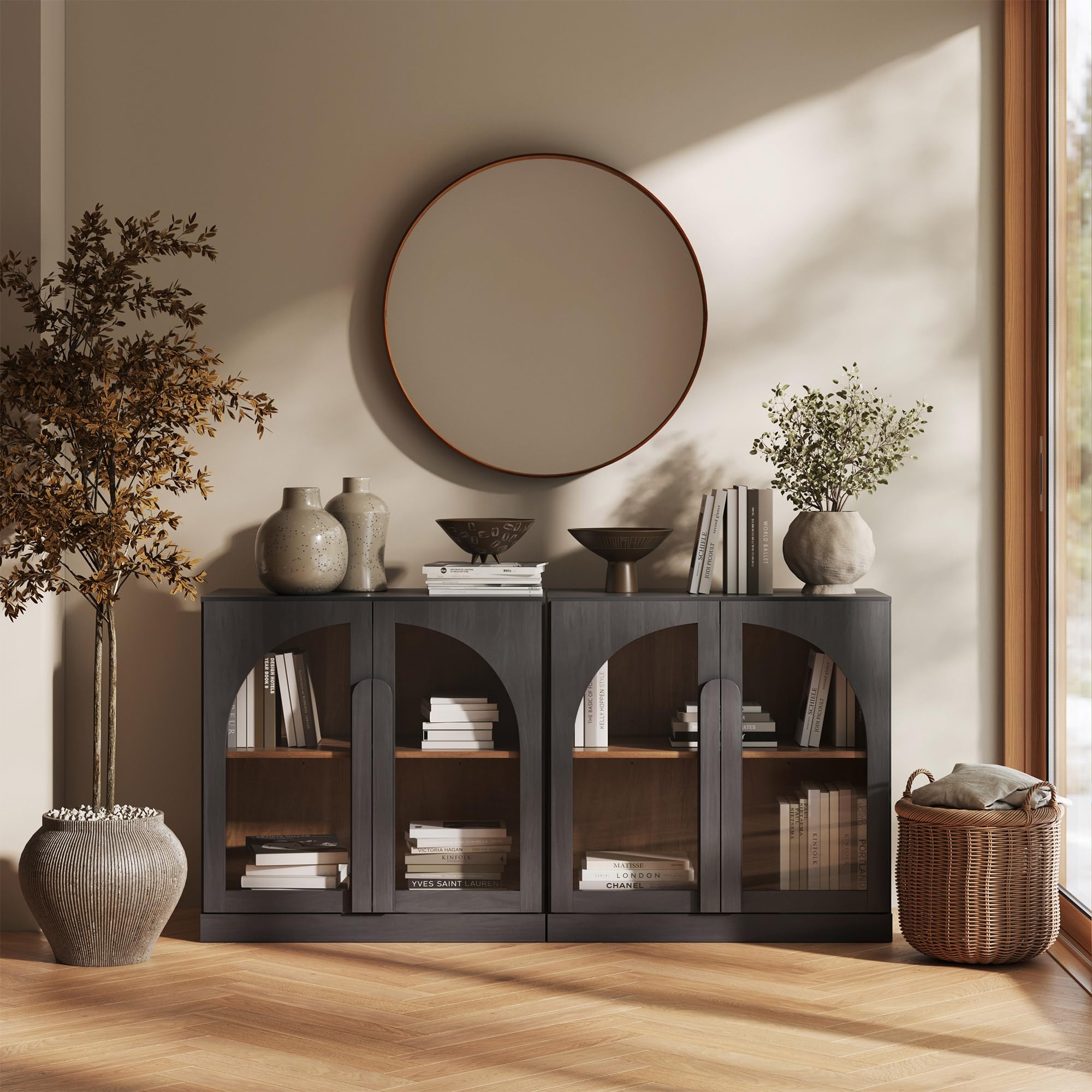 BELLEZE Modular Sideboard with Double-Arc Wood Doors, Small Arched Buffet Cabinet with Storage and Adjustable Shelves, Classic Modern Credenza for Dining Room, Living Room, or Entryway(Camel)