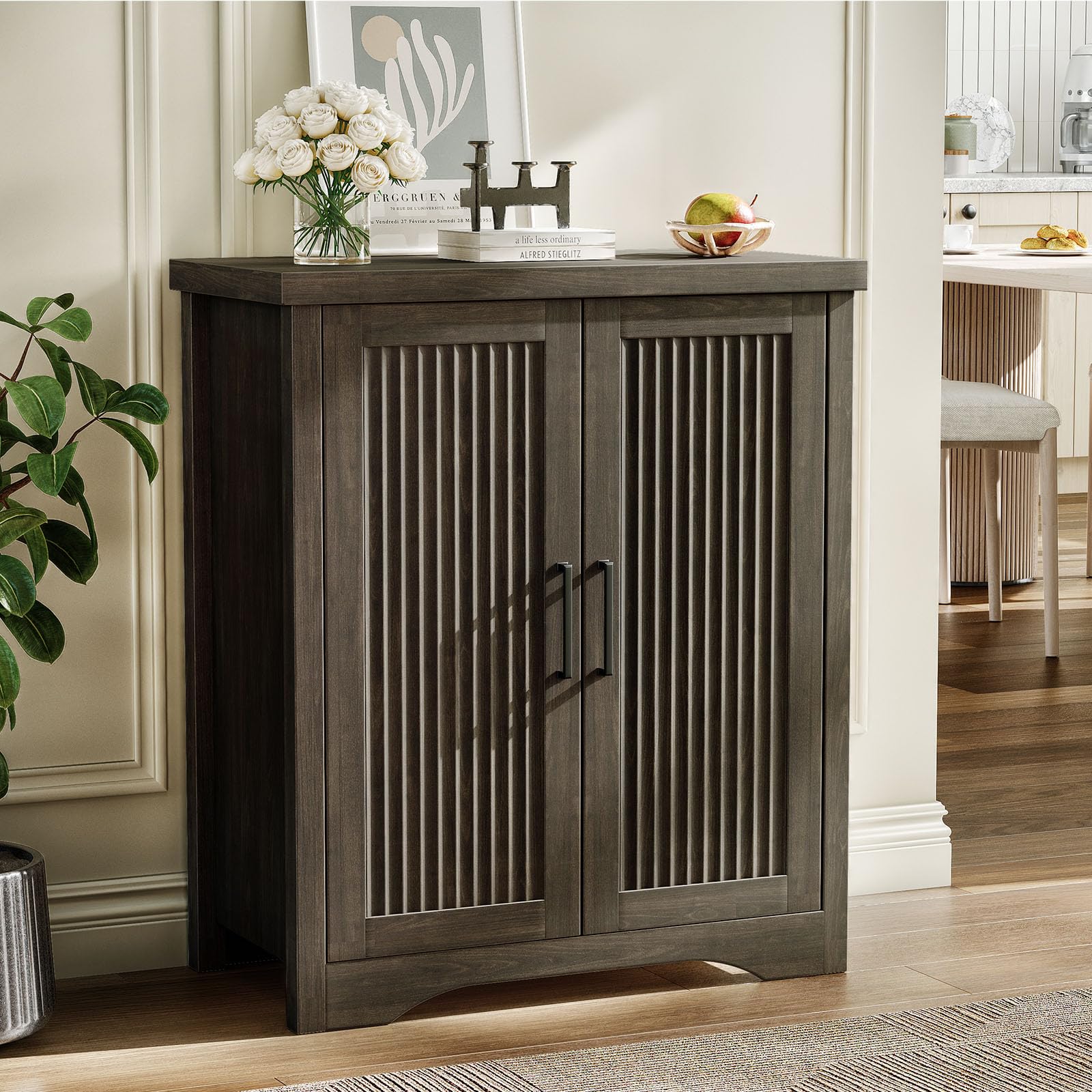 Memobarco Fluted Buffet Cabinet with Storage Accent Sideboard,Modern Credenza with 4 Doors & Adjustable Shelves,Wood Coffee Bar Table Console for Dining Room Kitchen Living Room Entryway,Natural Oak