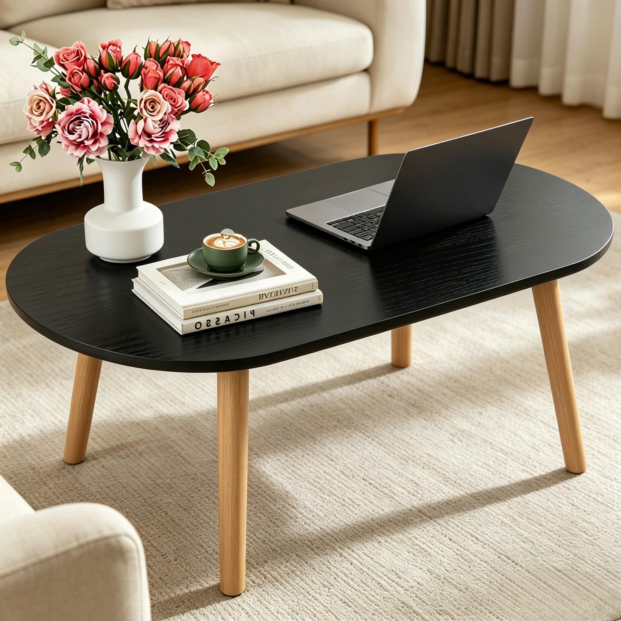 FAMIDGE Coffee Table, 23.6" Small Oval Coffee Tables for Small Space with 4 Solid Wood Leg, Floor Table Desk for Sitting on The Floor, Side Table Japanese Low Table for Living Room Apartment, Brown