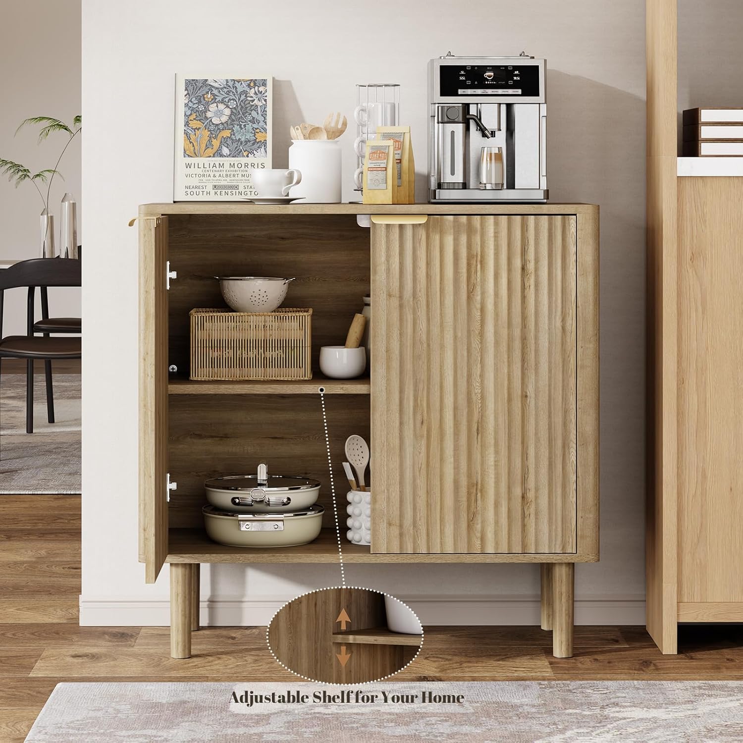 IKALIFE Sideboard Buffet Cabinet with Storage, Modern Fluted Accent Credenza with Doors & Adjustable Shelves, Wood Coffee Bar Console Table for Living Room, Dining Room, Kitchen or Entryway 31.5" Oak