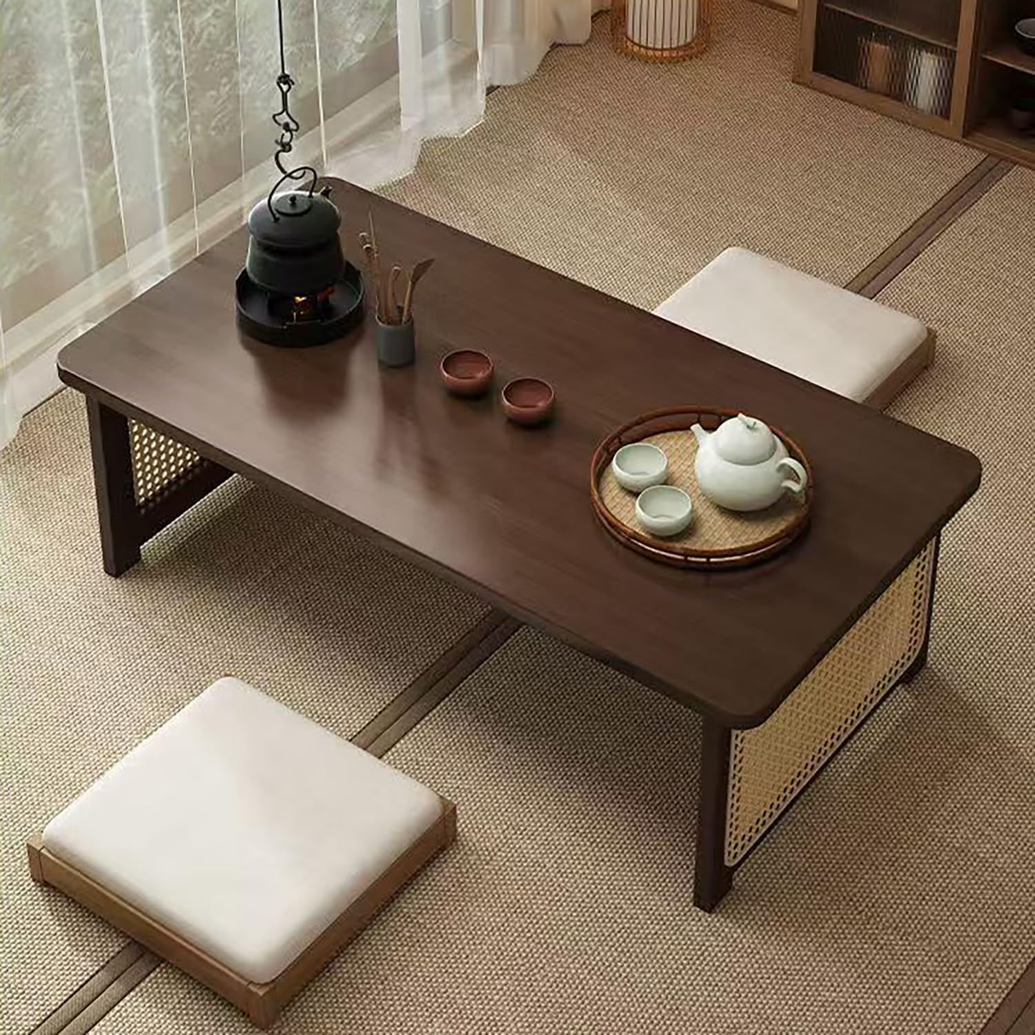 Japanese Floor Table Bamboo Folding Coffee Table Portable Solid Wood Japanese Coffee Table, No Assembly Japanese Dining Table for Sitting on The Floor, Easy Storage(39.4 * 18.9 * 13.8in.)