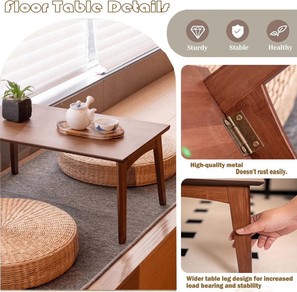 Bamboo Folding Coffee Table, Japanese Low Desk, No Assembly Portable Furniture, for Dining Working Studying Relaxing, Walnut, 26 x 16 x 12 Inches