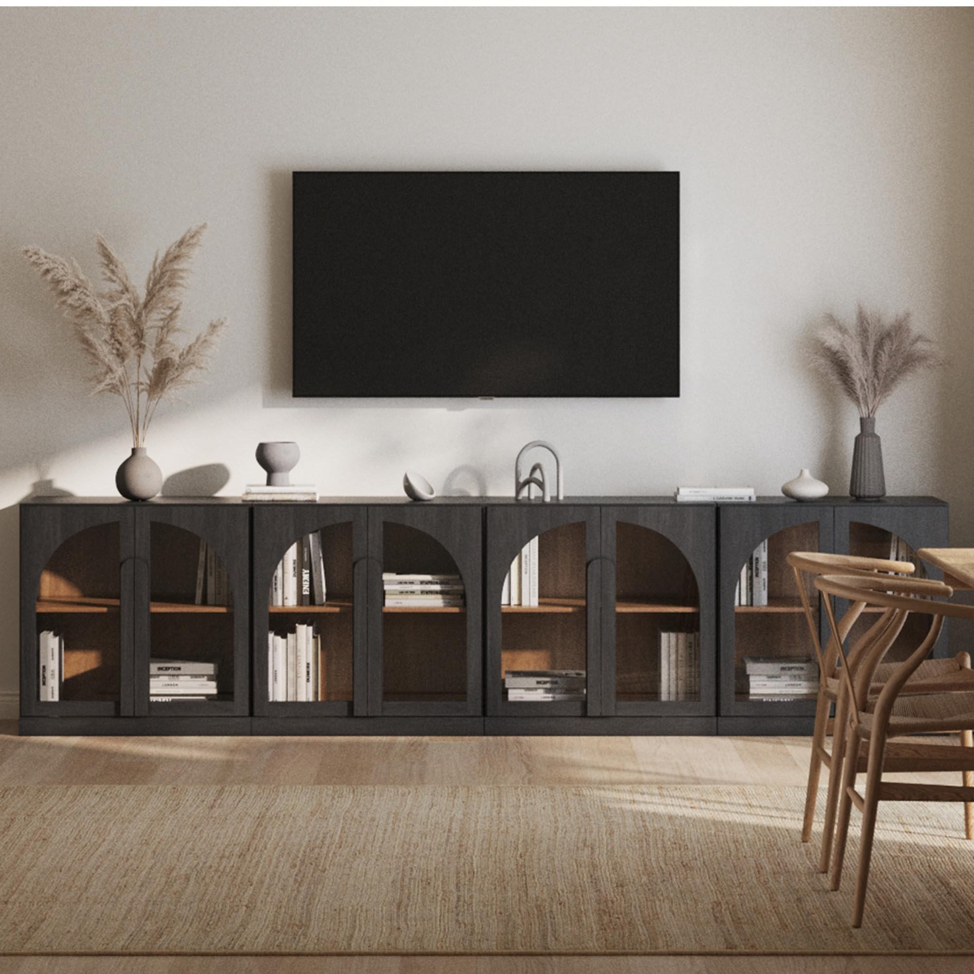 BELLEZE Modular Sideboard with Double-Arc Wood Doors, Small Arched Buffet Cabinet with Storage and Adjustable Shelves, Classic Modern Credenza for Dining Room, Living Room, or Entryway(Camel)