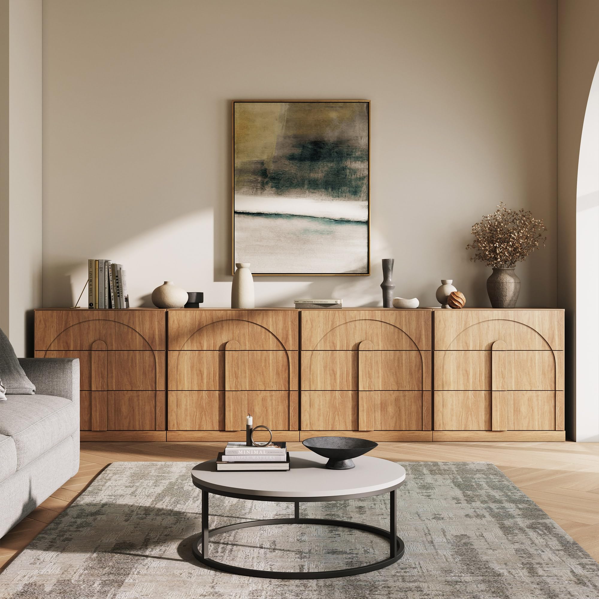 BELLEZE Modular Sideboard with Double-Arc Wood Doors, Small Arched Buffet Cabinet with Storage and Adjustable Shelves, Classic Modern Credenza for Dining Room, Living Room, or Entryway(Camel)
