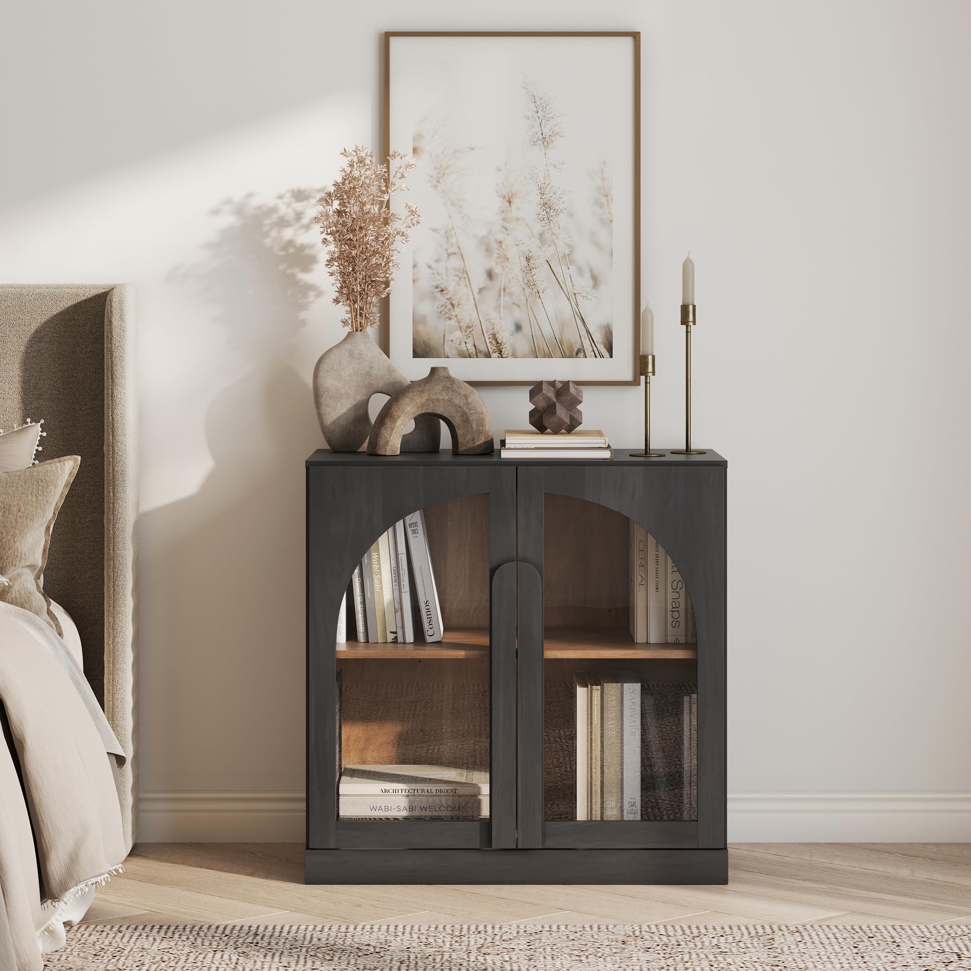 BELLEZE Modular Sideboard with Double-Arc Wood Doors, Small Arched Buffet Cabinet with Storage and Adjustable Shelves, Classic Modern Credenza for Dining Room, Living Room, or Entryway(Camel)