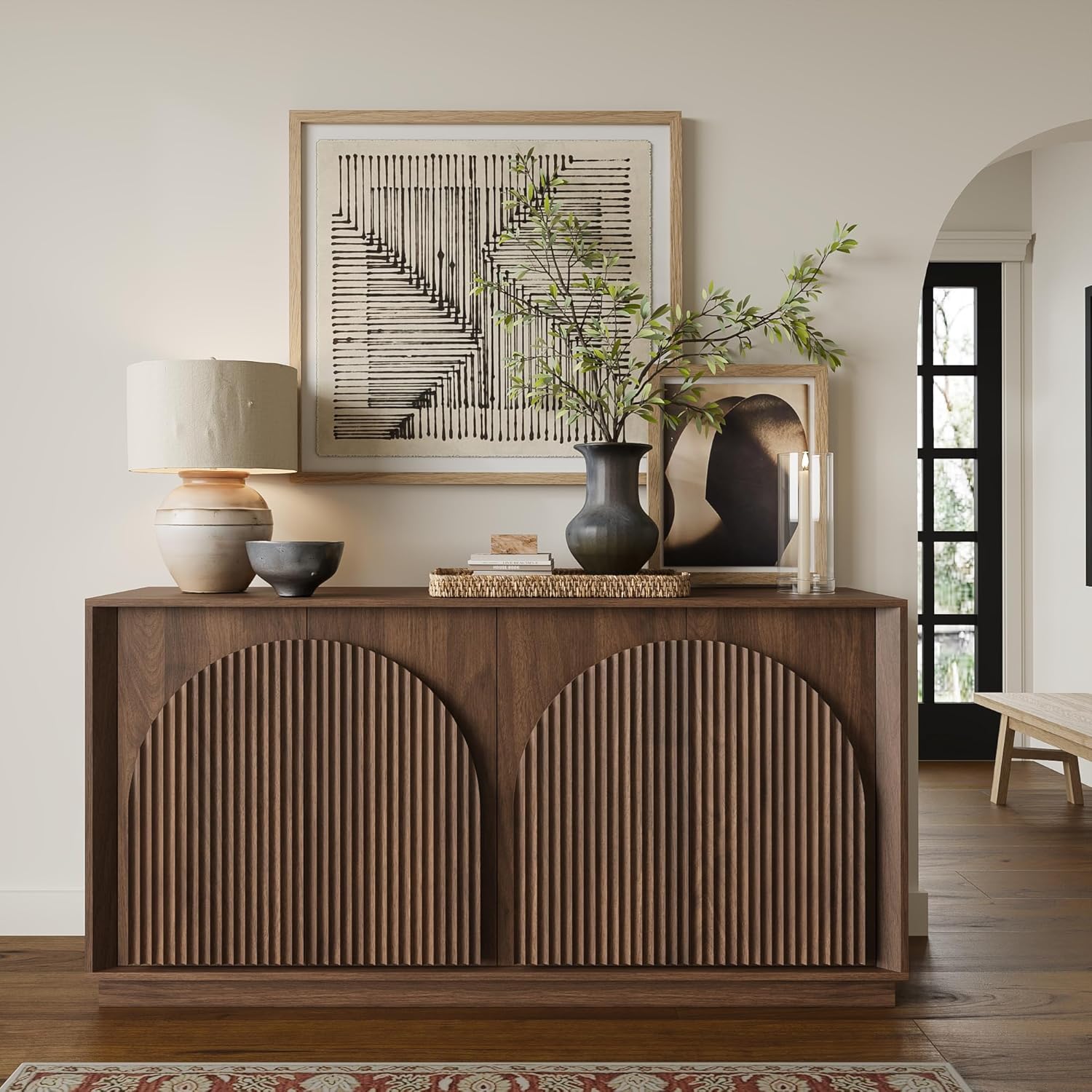 win2win Fluted Sideboard Buffet Cabinet with Storage, 65" Mid Century Modern Accent Cabinet with Double-Layered Arch Doors,Wood Media TV Console Table Credenza for Living Room Hallway Entryway,Walnut