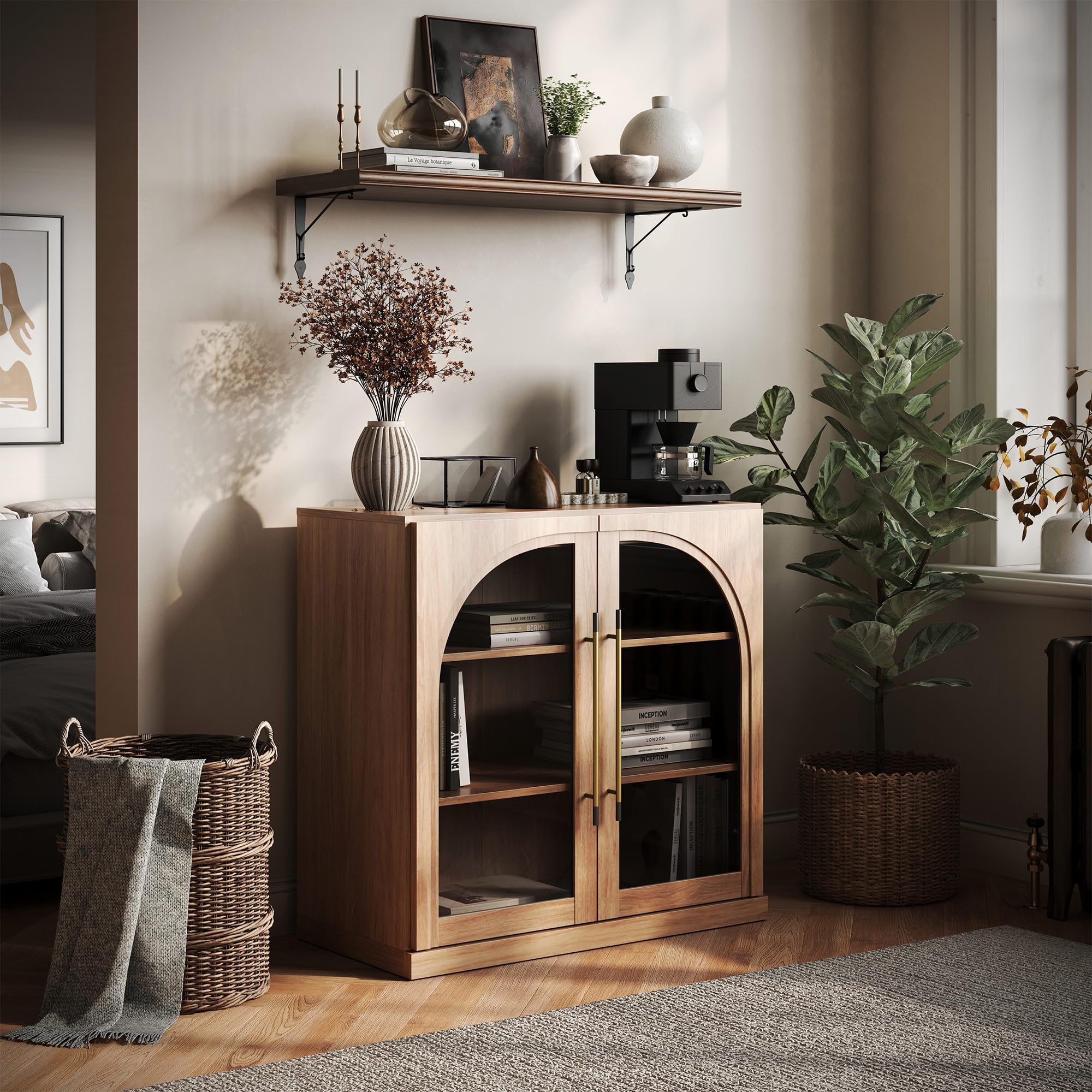 BELLEZE Modular Sideboard with Double-Arc Wood Doors, Small Arched Buffet Cabinet with Storage and Adjustable Shelves, Classic Modern Credenza for Dining Room, Living Room, or Entryway(Camel)