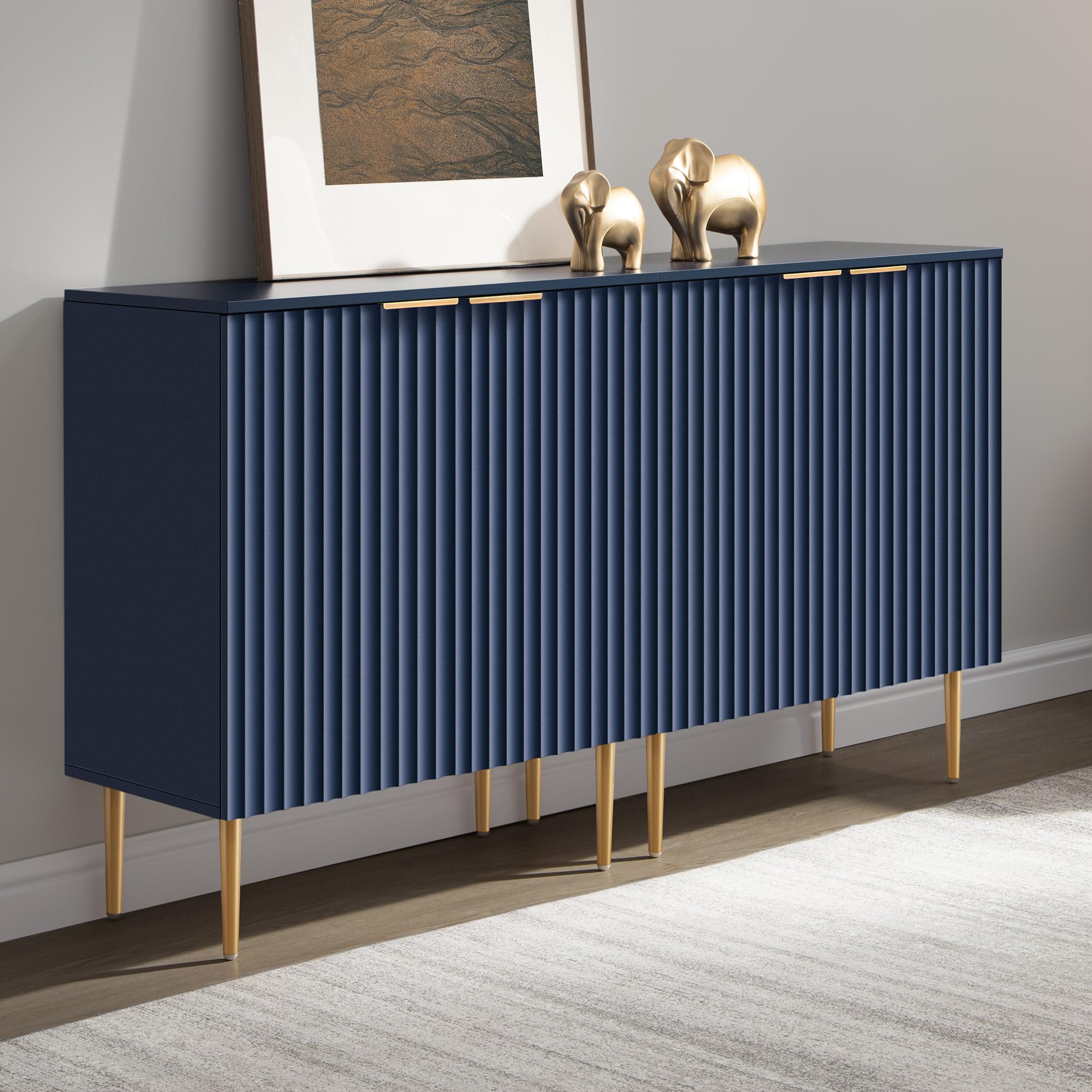 SICOTAS Sideboard Cabinet - 87'' Modern Accent Credenza Storage Cabinet Kitchen Fluted Sideboard with 6 Doors & Adjustable Shelves, Console Coffee Bar Table for Entryway Living Room Hallway, White