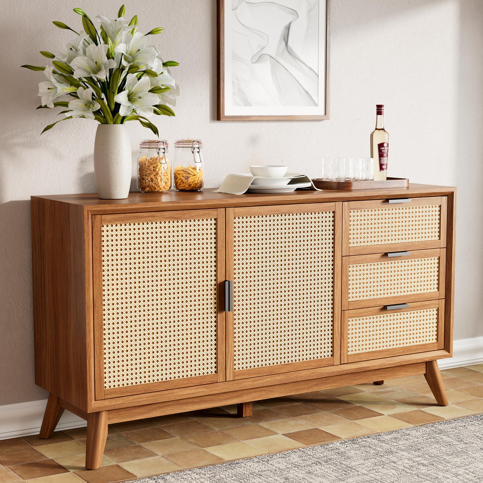 Bme Sideboard Georgina Solid Wood 2 Doors & 3 Drawers, 61'' Mid Century Modern Cabinet with Geometric Pattern for Kitchen, Dining, Living Room