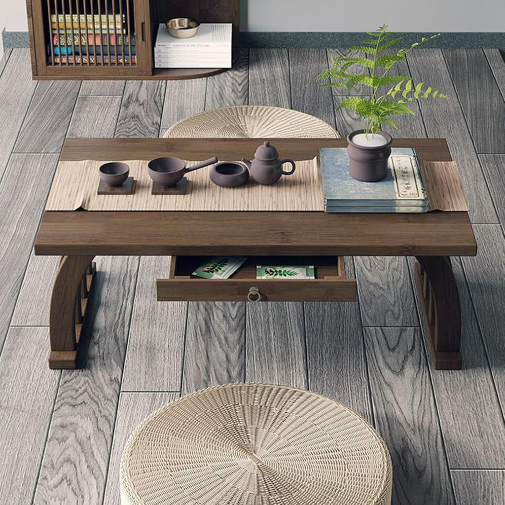 Bamboo Japanese Floor Table,Small Coffee Table & Tea Table, Altar Table for Meditation,Low Table for Sitting on The Floor,Tatami Table for Bedroom Home Living Room(60cm(23.6in), with Drawers)