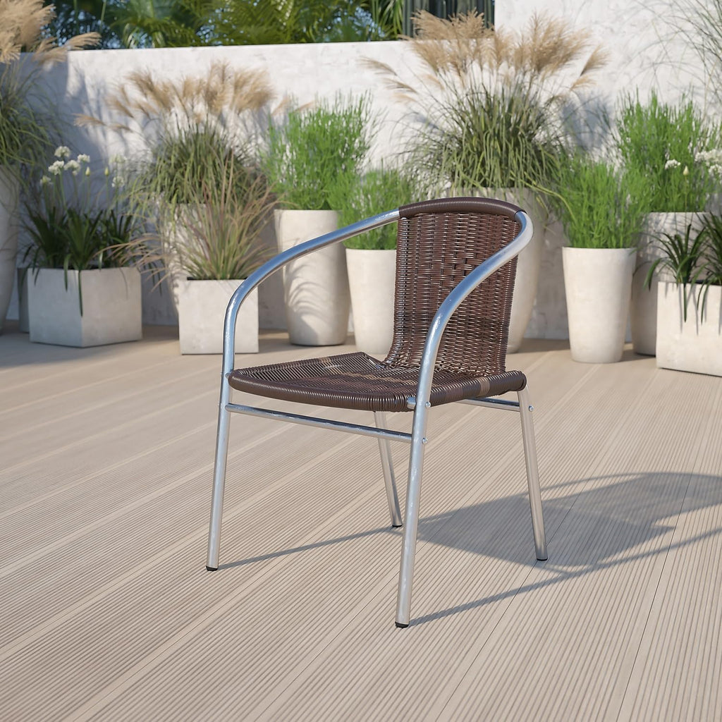 Flash Furniture Commercial Aluminum and Dark Brown Rattan Indoor-Outdoor Restaurant Stack Chair (Pack of 1)