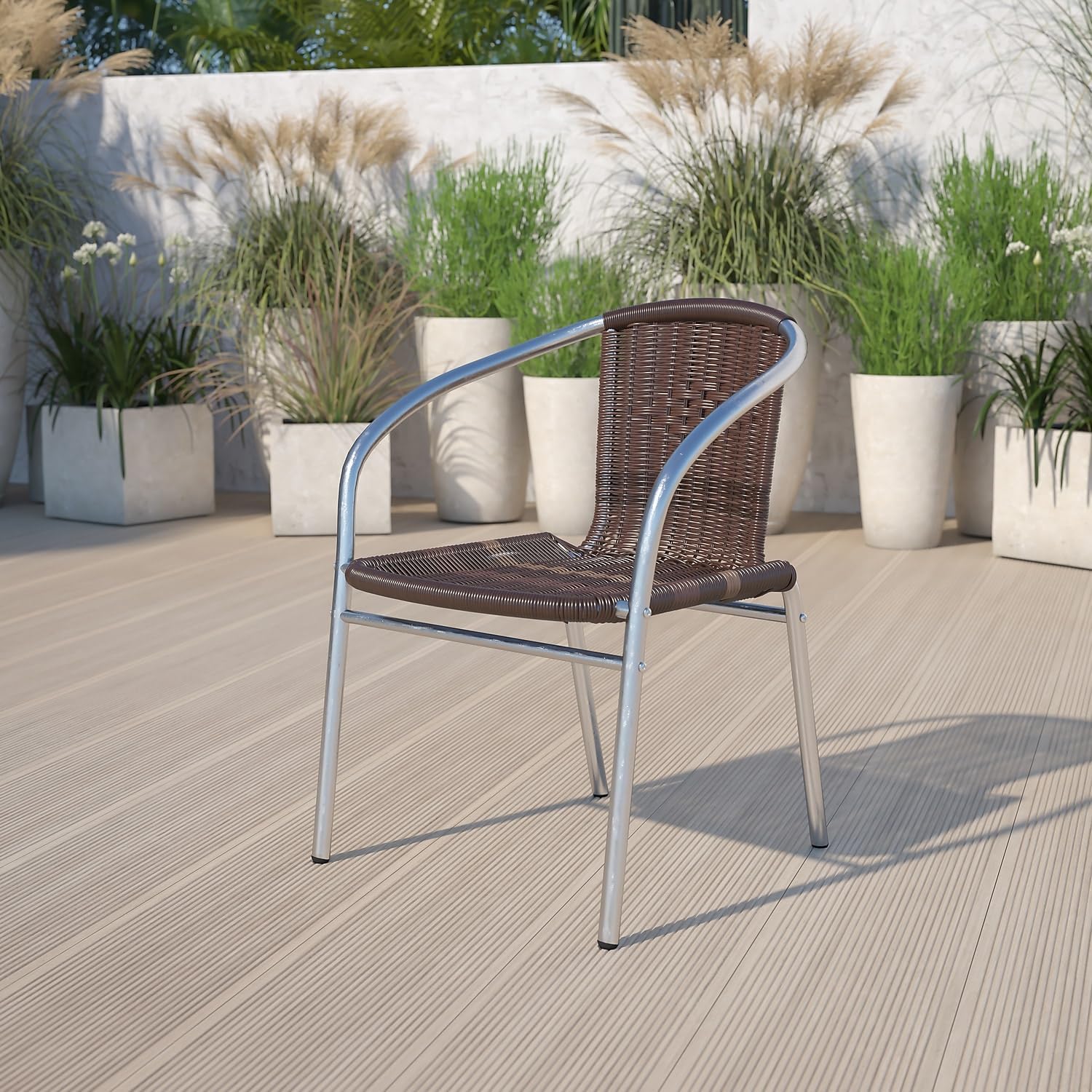 Flash Furniture Commercial Aluminum and Dark Brown Rattan Indoor-Outdoor Restaurant Stack Chair (Pack of 1)