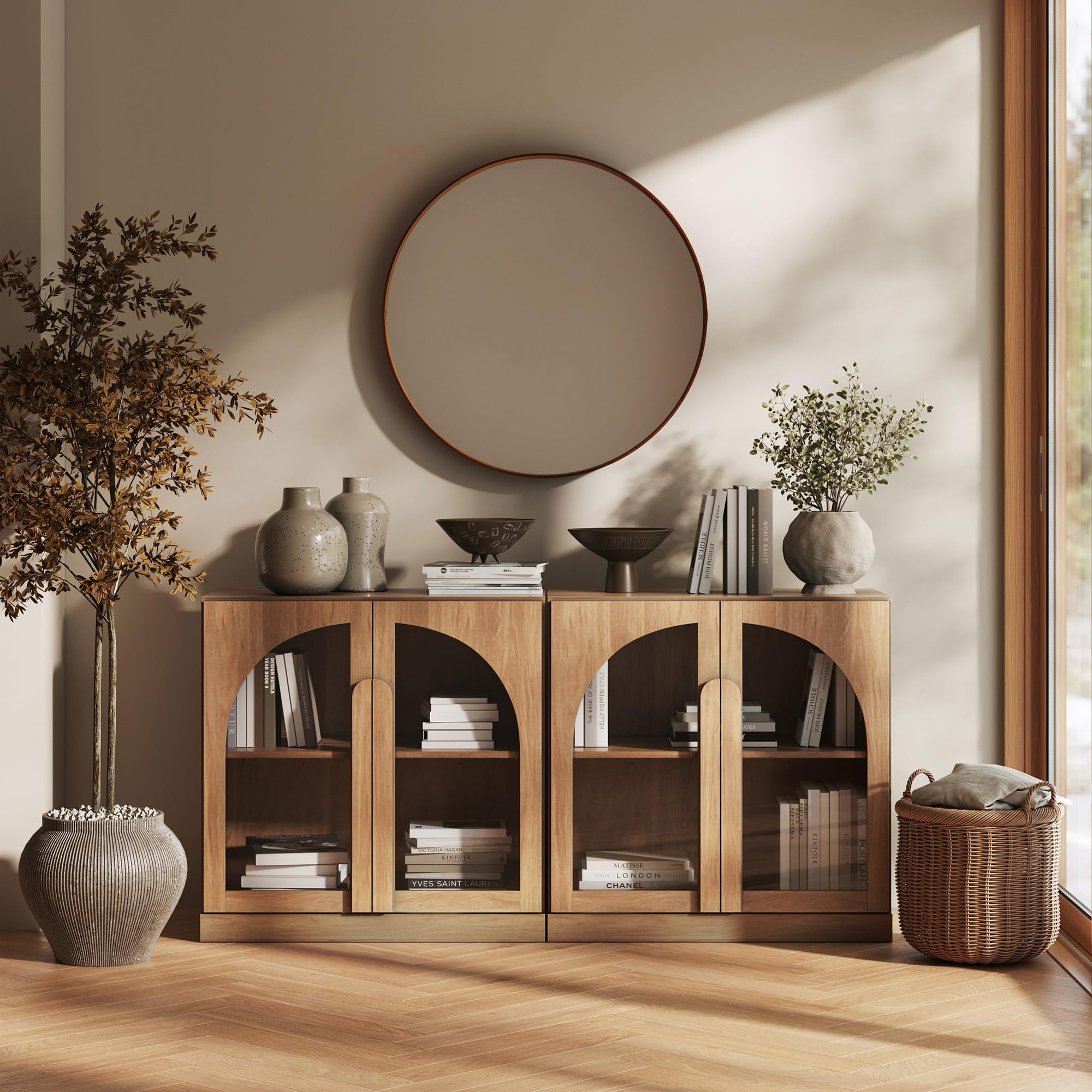 BELLEZE Modular Sideboard with Double-Arc Wood Doors, Small Arched Buffet Cabinet with Storage and Adjustable Shelves, Classic Modern Credenza for Dining Room, Living Room, or Entryway(Camel)