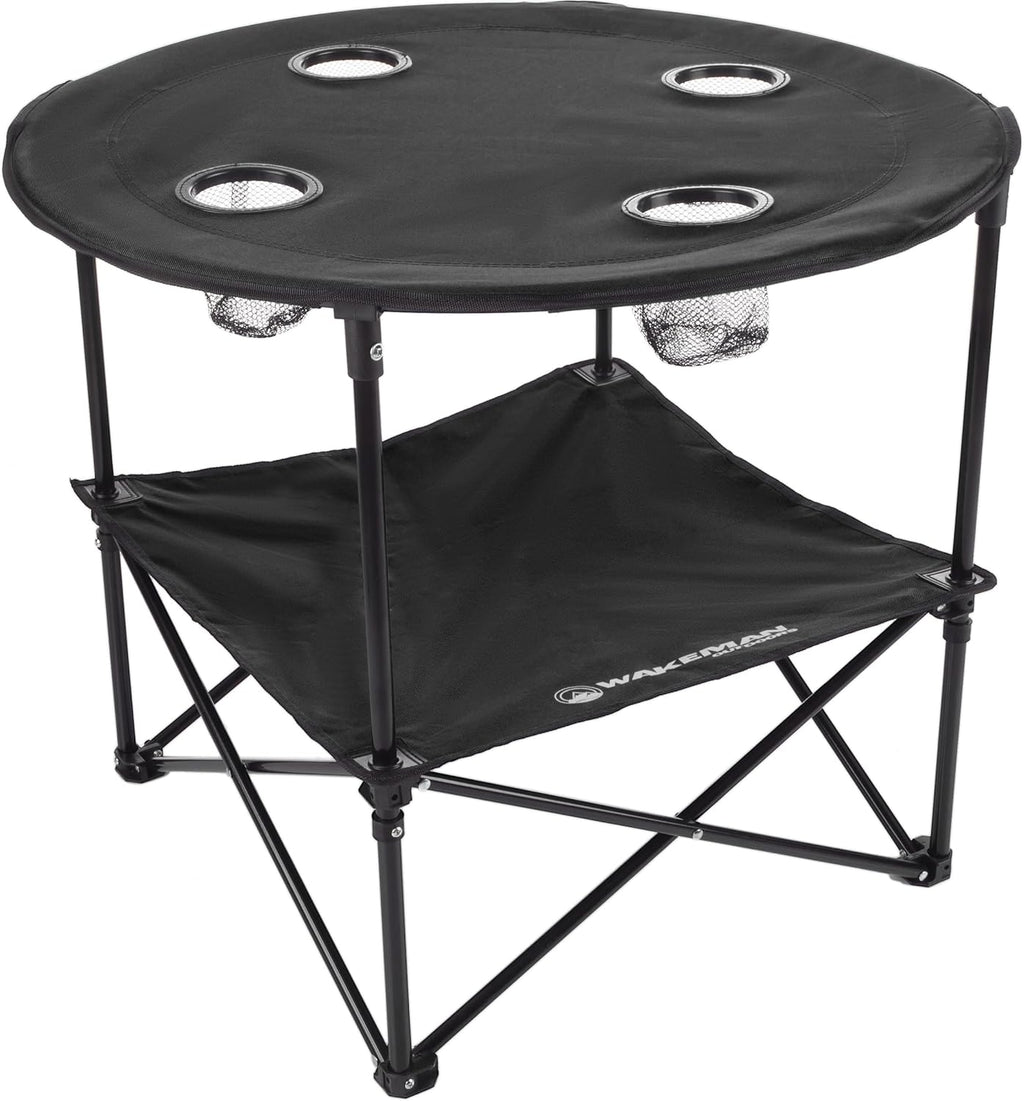 Camping Table - 2-Tier Folding Table with 4 Cupholders and Carry Bag for Picnic, Tailgate, Beach, or Camp - Camping Gear by Wakeman Outdoors (Black)