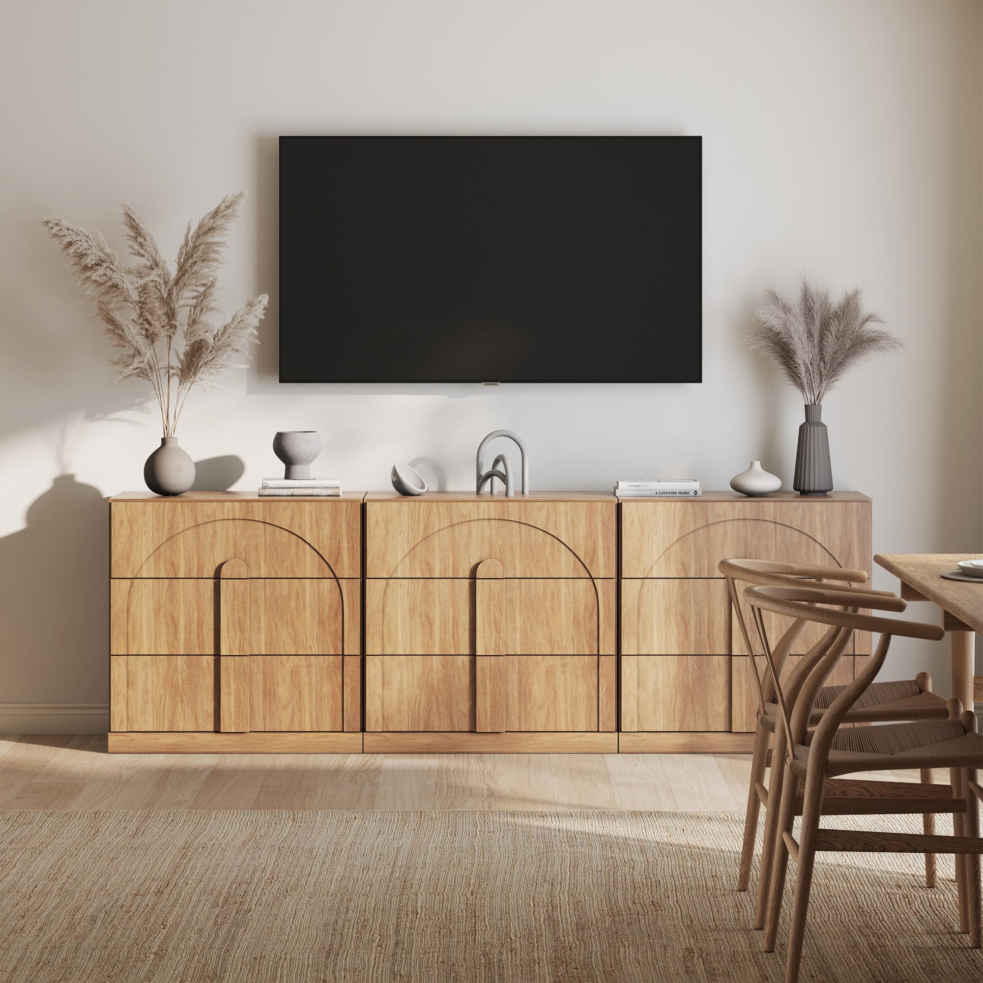 BELLEZE Modular Sideboard with Double-Arc Wood Doors, Small Arched Buffet Cabinet with Storage and Adjustable Shelves, Classic Modern Credenza for Dining Room, Living Room, or Entryway(Camel)