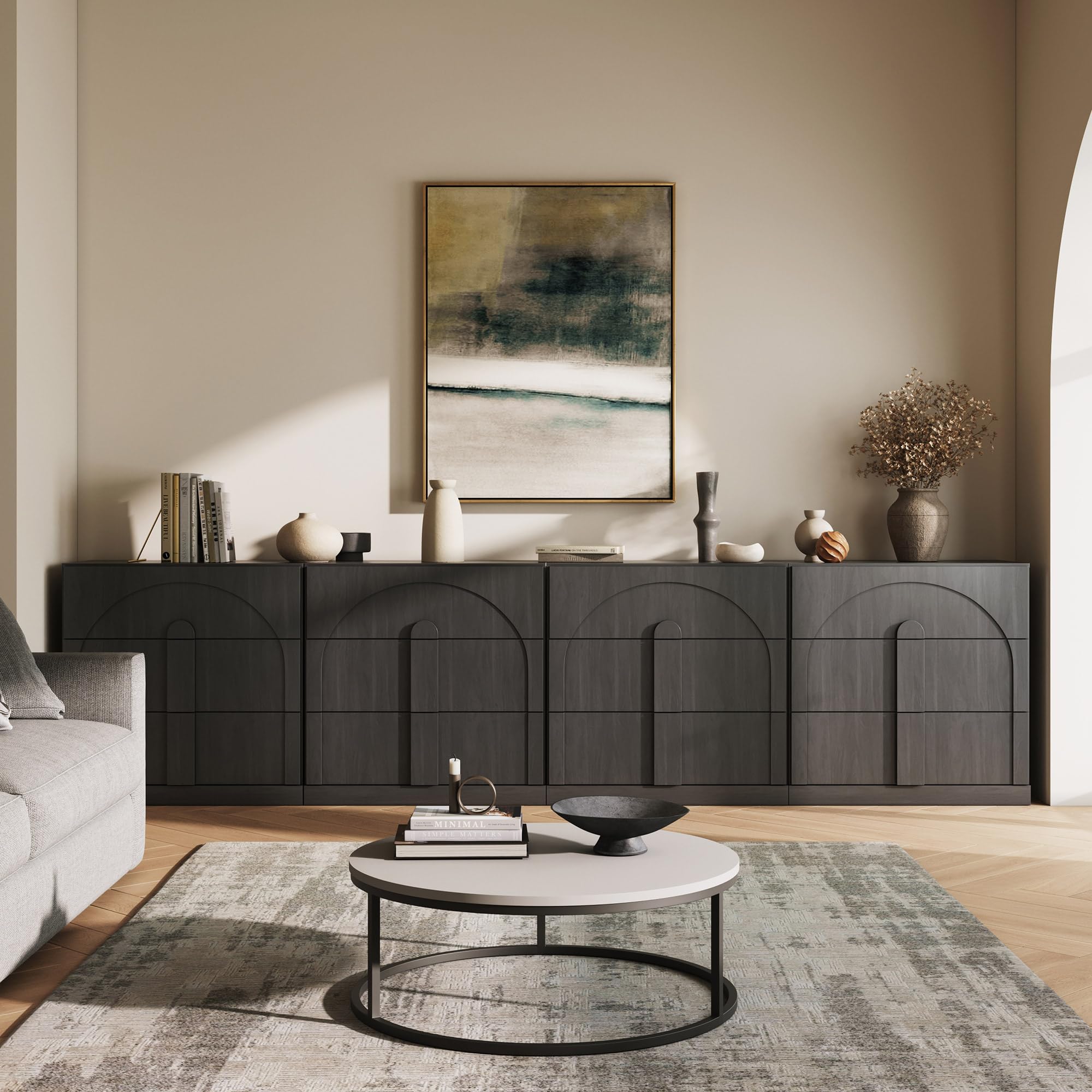 BELLEZE Modular Sideboard with Double-Arc Wood Doors, Small Arched Buffet Cabinet with Storage and Adjustable Shelves, Classic Modern Credenza for Dining Room, Living Room, or Entryway(Camel)