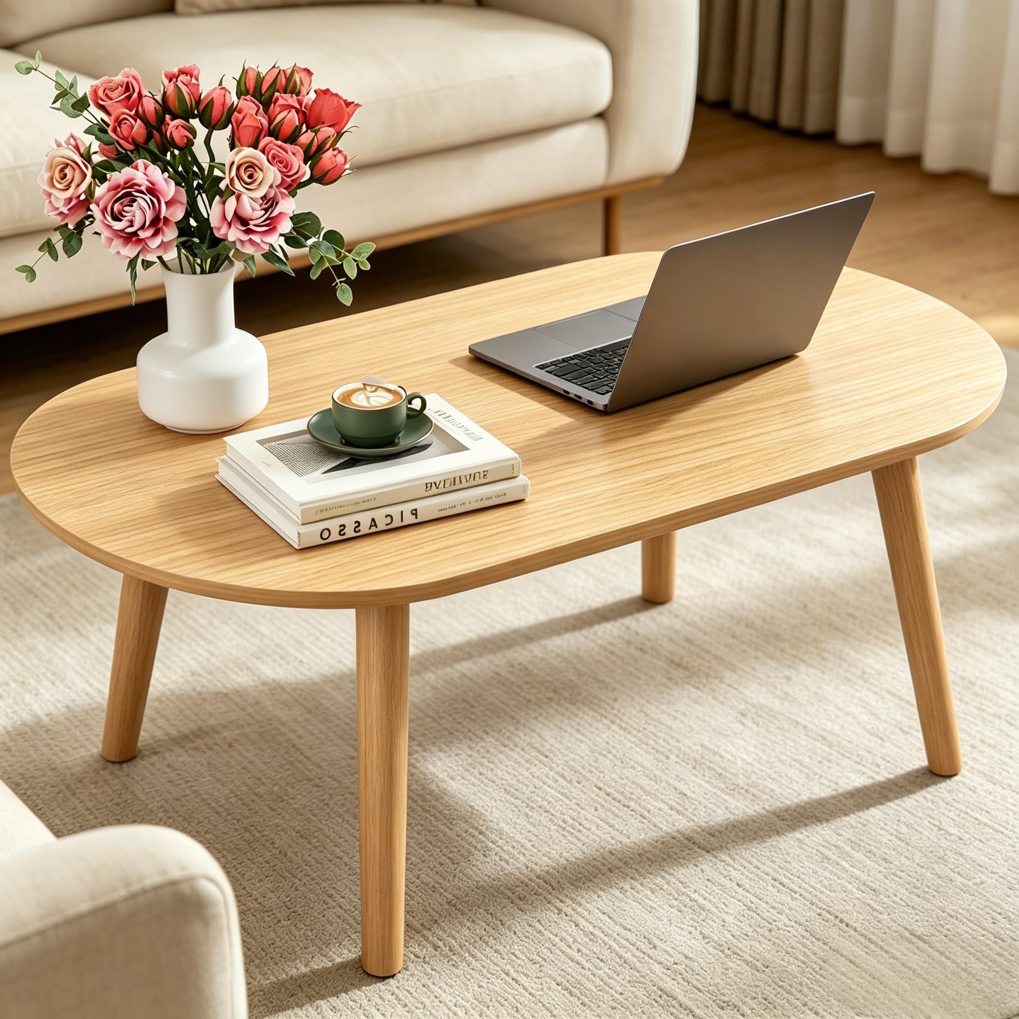 FAMIDGE Coffee Table, 23.6" Small Oval Coffee Tables for Small Space with 4 Solid Wood Leg, Floor Table Desk for Sitting on The Floor, Side Table Japanese Low Table for Living Room Apartment, Brown