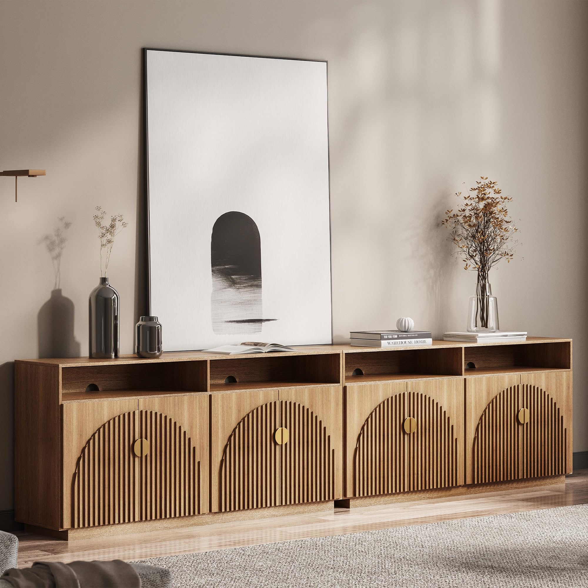 BELLEZE Modular Sideboard with Double-Arc Wood Doors, Small Arched Buffet Cabinet with Storage and Adjustable Shelves, Classic Modern Credenza for Dining Room, Living Room, or Entryway(Camel)