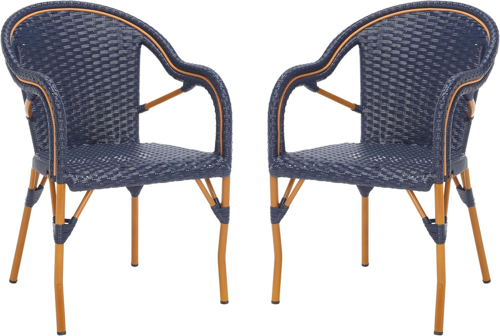 SAFAVIEH Outdoor - California Armchair Set of 2 - Navy - Faux Wicker & Aluminum Frame - Woven Bistro Design with Arms - Ideal for Patio, Deck, Sunroom, Dining Area, 17.3" Seat Height (PAT7531B-SET2)