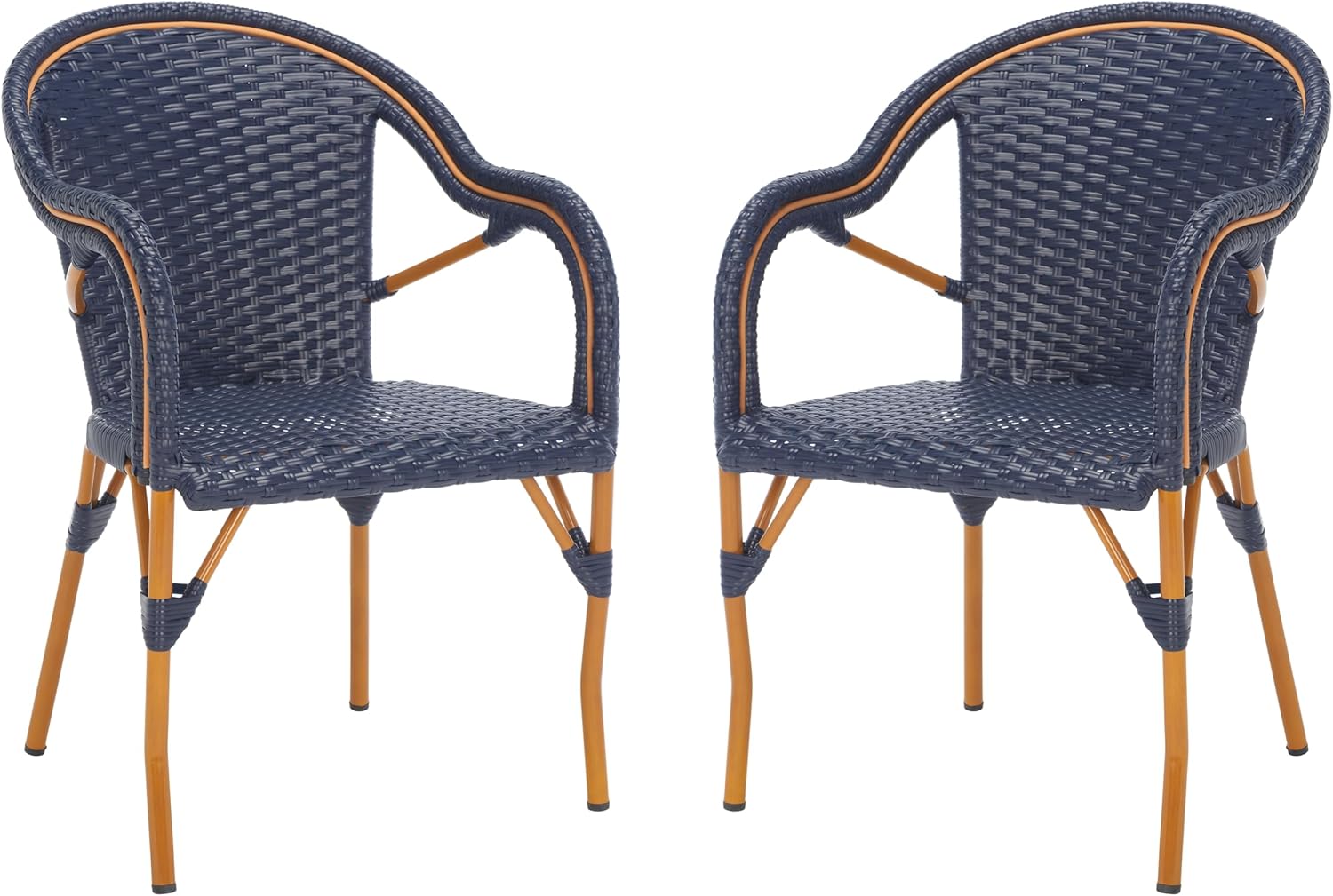 SAFAVIEH Outdoor - California Armchair Set of 2 - Navy - Faux Wicker & Aluminum Frame - Woven Bistro Design with Arms - Ideal for Patio, Deck, Sunroom, Dining Area, 17.3" Seat Height (PAT7531B-SET2)