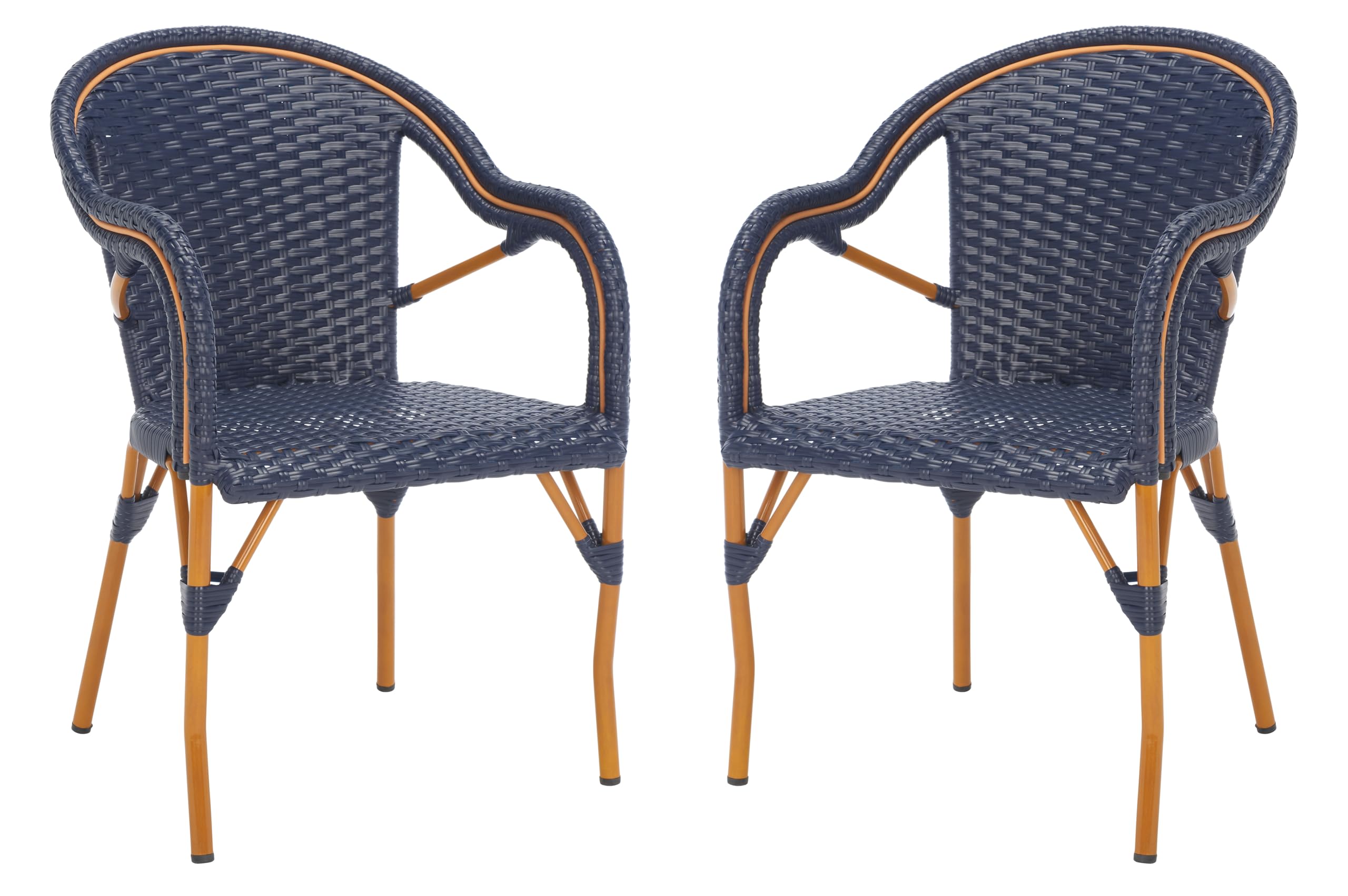 SAFAVIEH Outdoor - California Armchair Set of 2 - Navy - Faux Wicker & Aluminum Frame - Woven Bistro Design with Arms - Ideal for Patio, Deck, Sunroom, Dining Area, 17.3" Seat Height (PAT7531B-SET2)