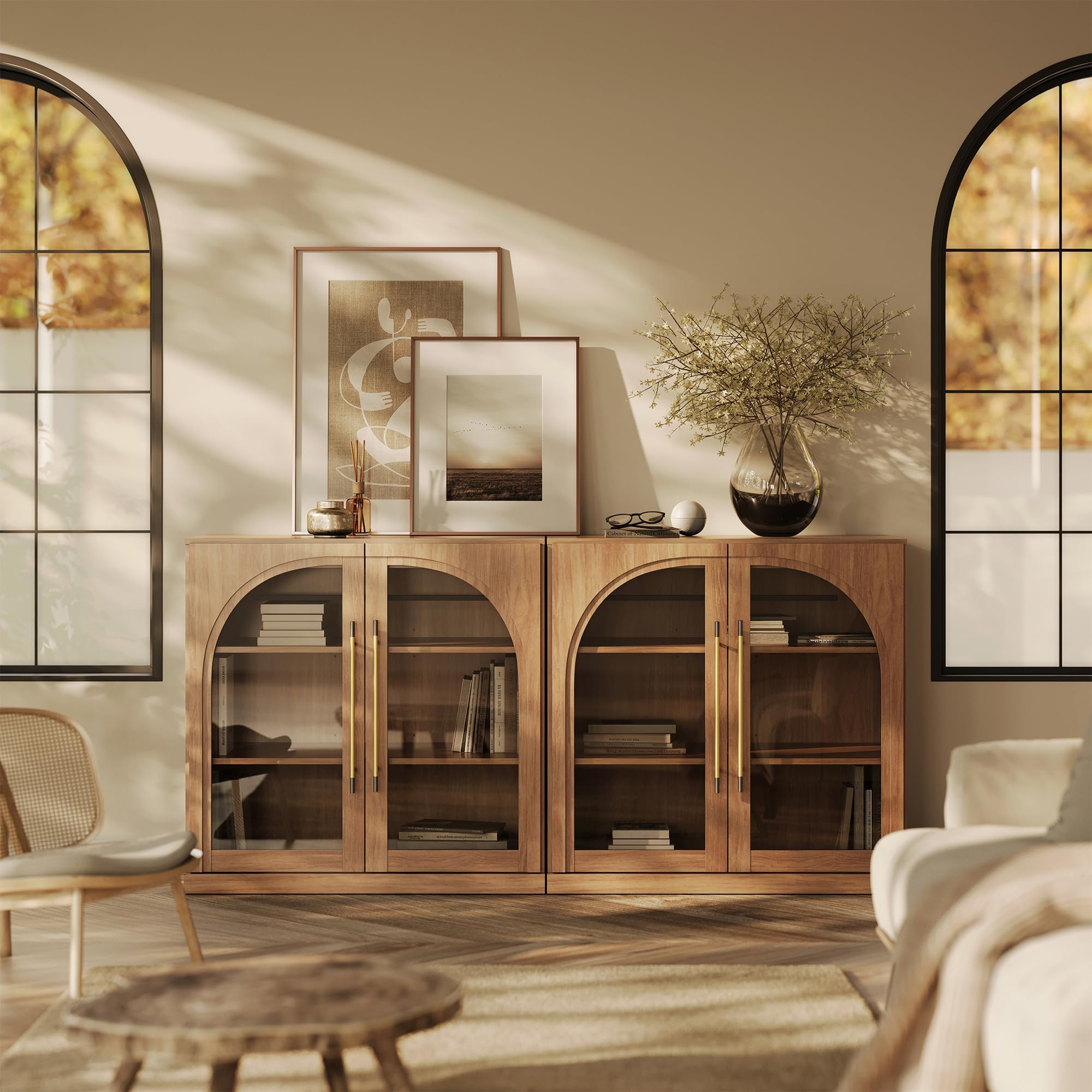 BELLEZE Modular Sideboard with Double-Arc Wood Doors, Small Arched Buffet Cabinet with Storage and Adjustable Shelves, Classic Modern Credenza for Dining Room, Living Room, or Entryway(Camel)