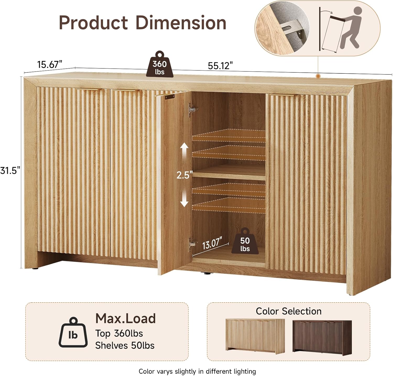 ONBRILL Fluted Sideboard Buffet Cabinet with Storage, Wooden Modern Fluted Sideboard with 4 Doors and 5 Adjustable Shelves, Coffee Bar Table for Dining Room, Hallway, Kitchen (Natural Oak)