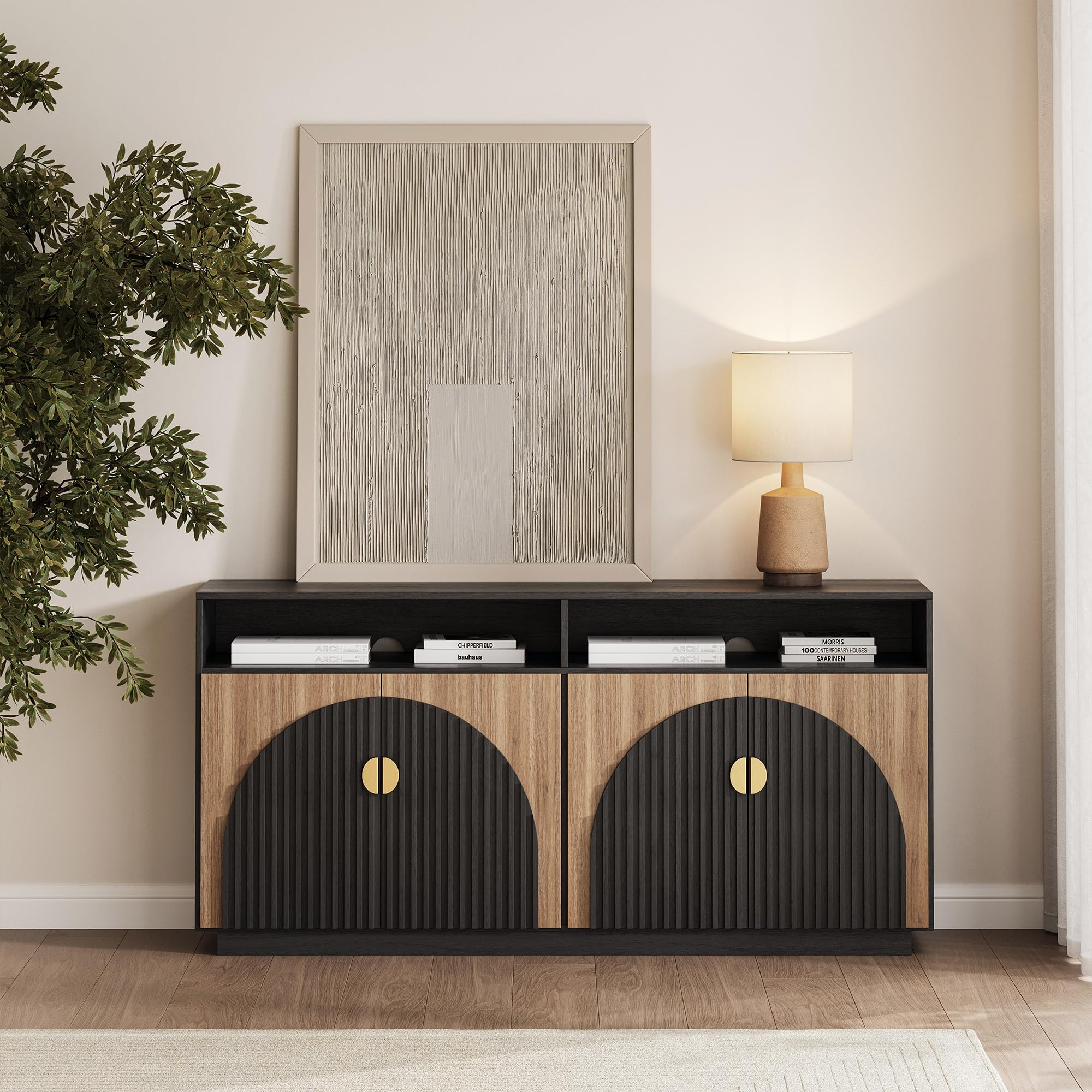 BELLEZE Modular Sideboard with Double-Arc Wood Doors, Small Arched Buffet Cabinet with Storage and Adjustable Shelves, Classic Modern Credenza for Dining Room, Living Room, or Entryway(Camel)