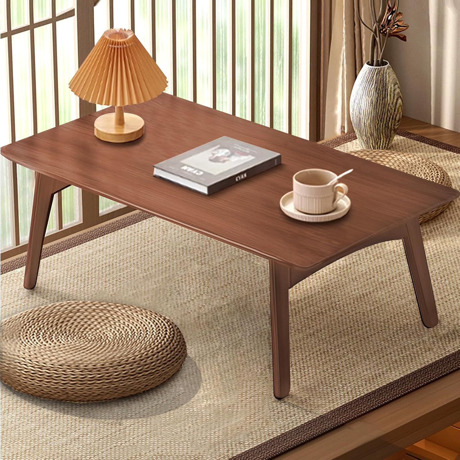 Bamboo Folding Coffee Table, Japanese Low Desk, No Assembly Portable Furniture, for Dining Working Studying Relaxing, Walnut, 26 x 16 x 12 Inches