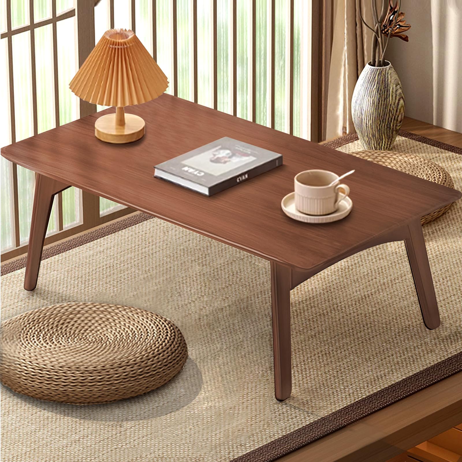 Bamboo Folding Coffee Table, Japanese Low Desk, No Assembly Portable Furniture, for Dining Working Studying Relaxing, Walnut, 26 x 16 x 12 Inches