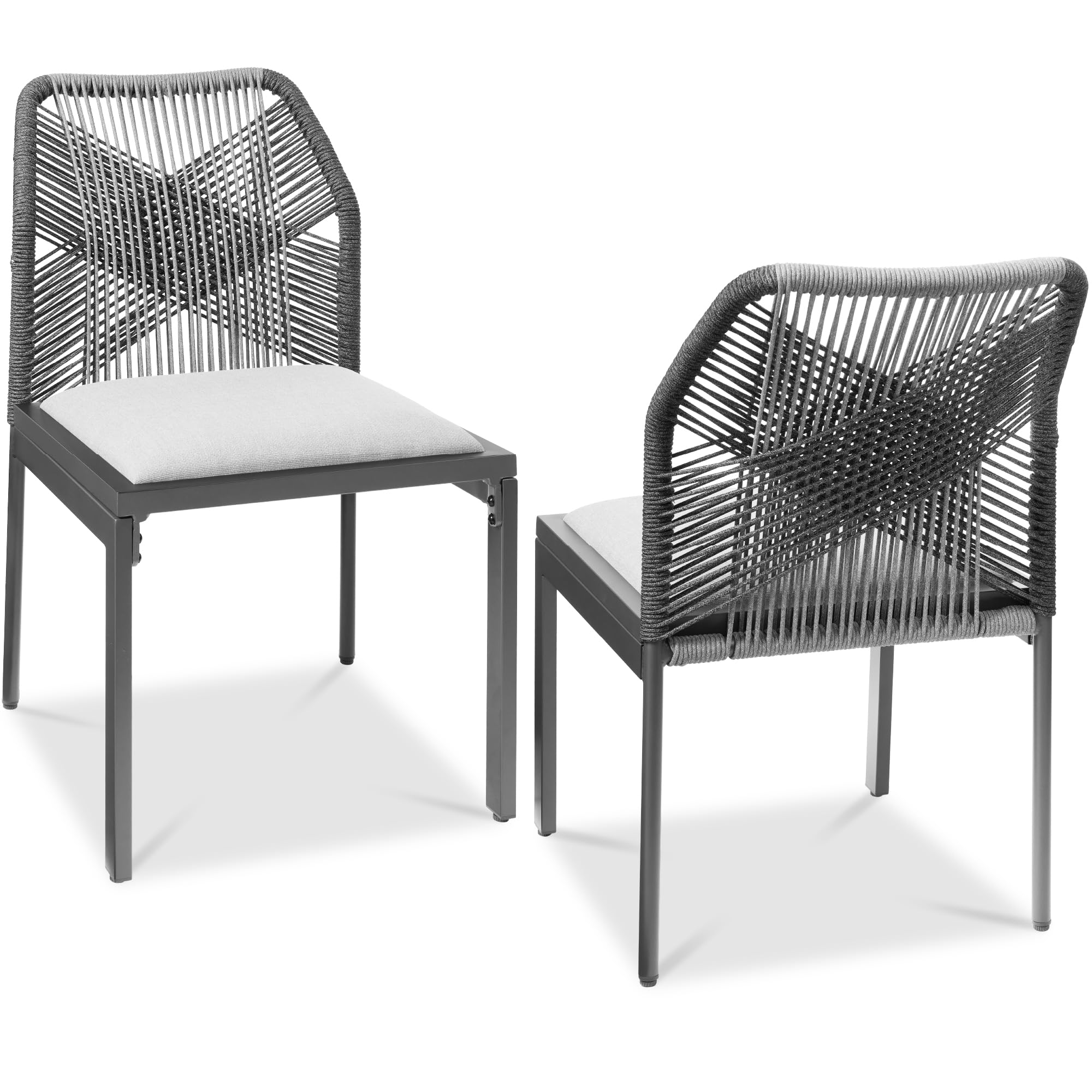 Best Choice Products Set of 2 Indoor/Outdoor Modern Dining Kitchen Chairs, All-Weather Rope Woven Design, Padded Cushions, Aluminum Frame for Dining Room, Living Room - Black/Obsidian