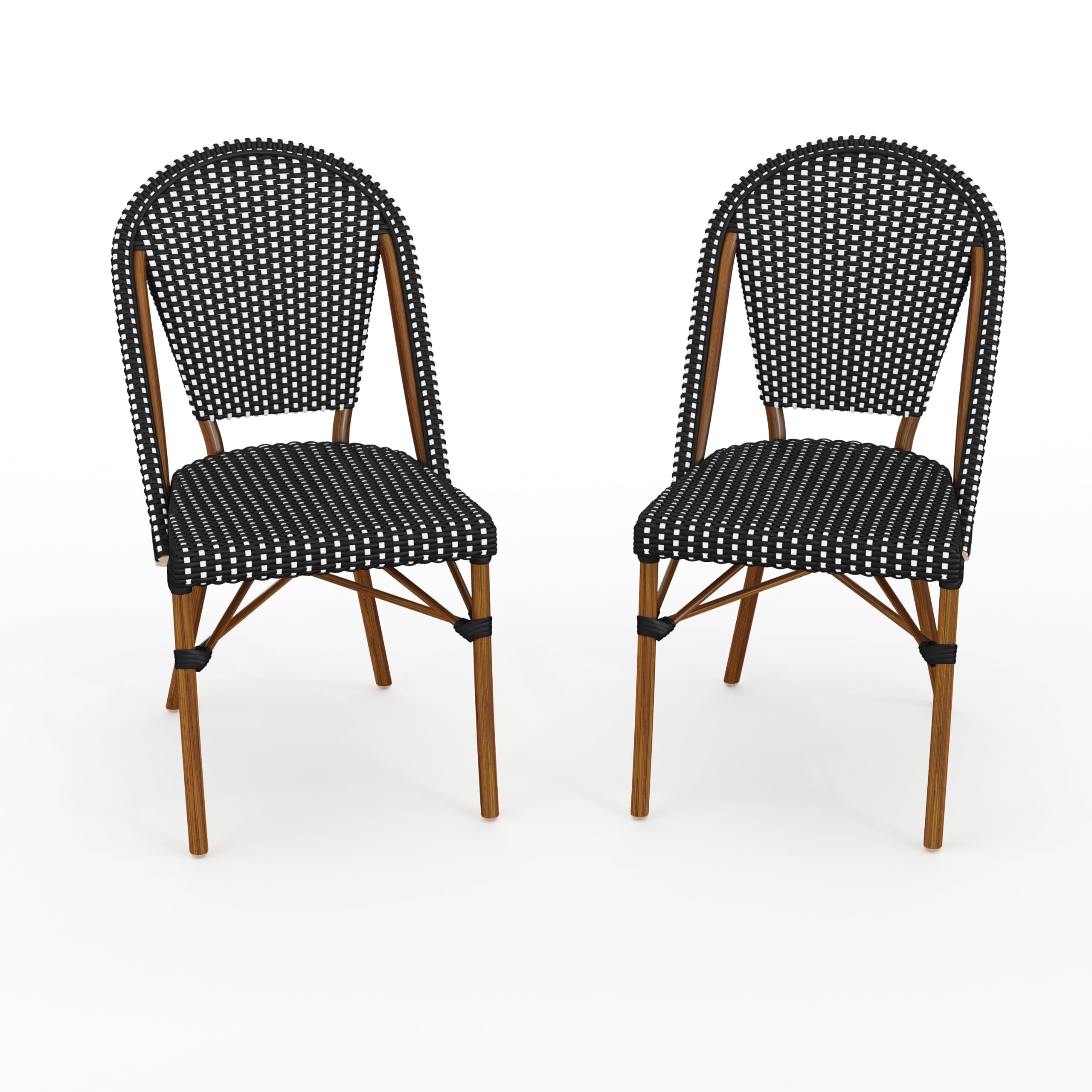 Martha Stewart Lily Pond Indoor-Outdoor Stackable Aluminum Bistro Chair with Natural Woodgrain Frame Finish and White/Navy Woven Rattan Backrest and Seat