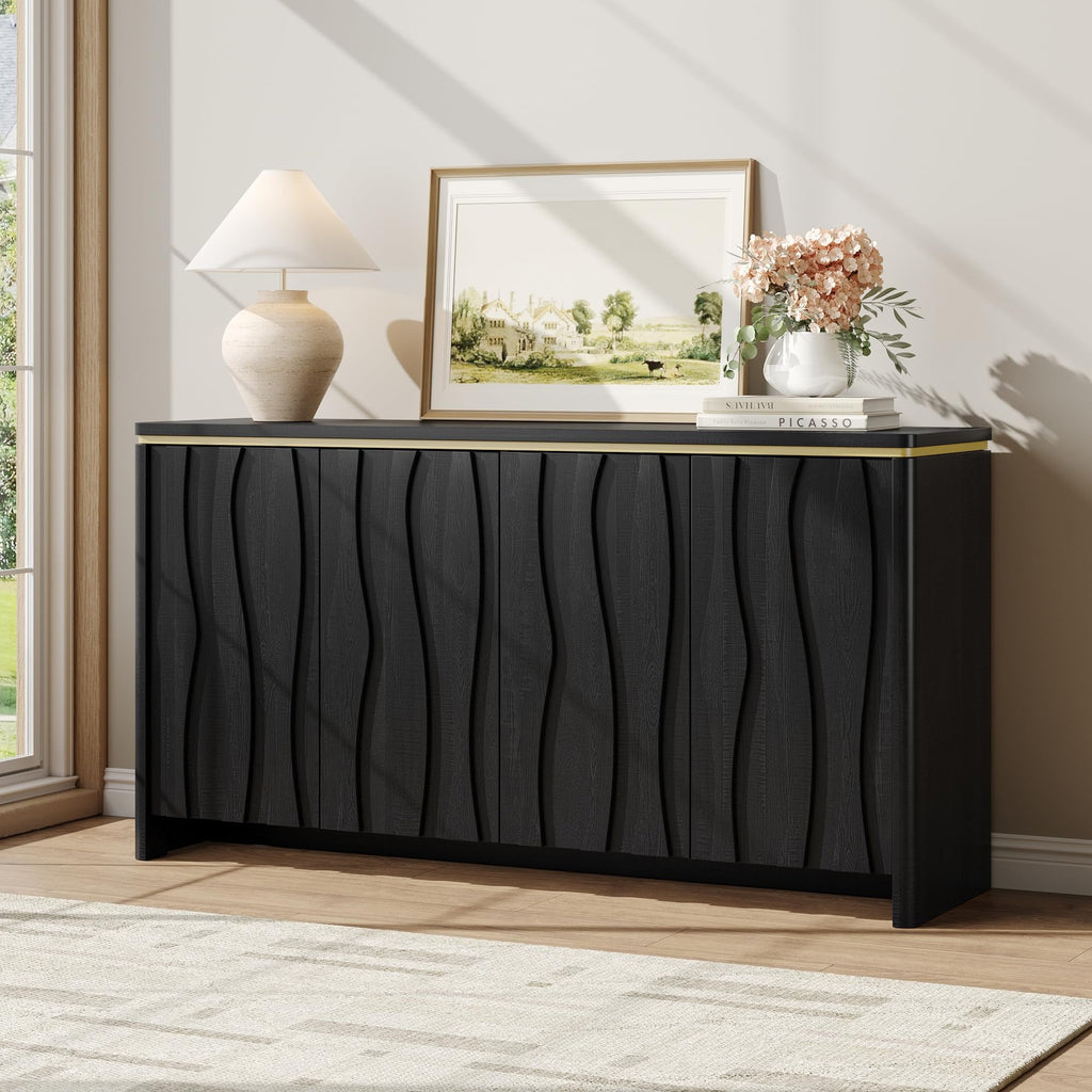Vabches Fluted Buffet Cabinet with Storage, 3D Ripple Pattern Doors and Curved Edges, Modern Sideboard for Kitchen, Entryway, 4 Doors & Adjustable Shelf, Natural, 57.9" W