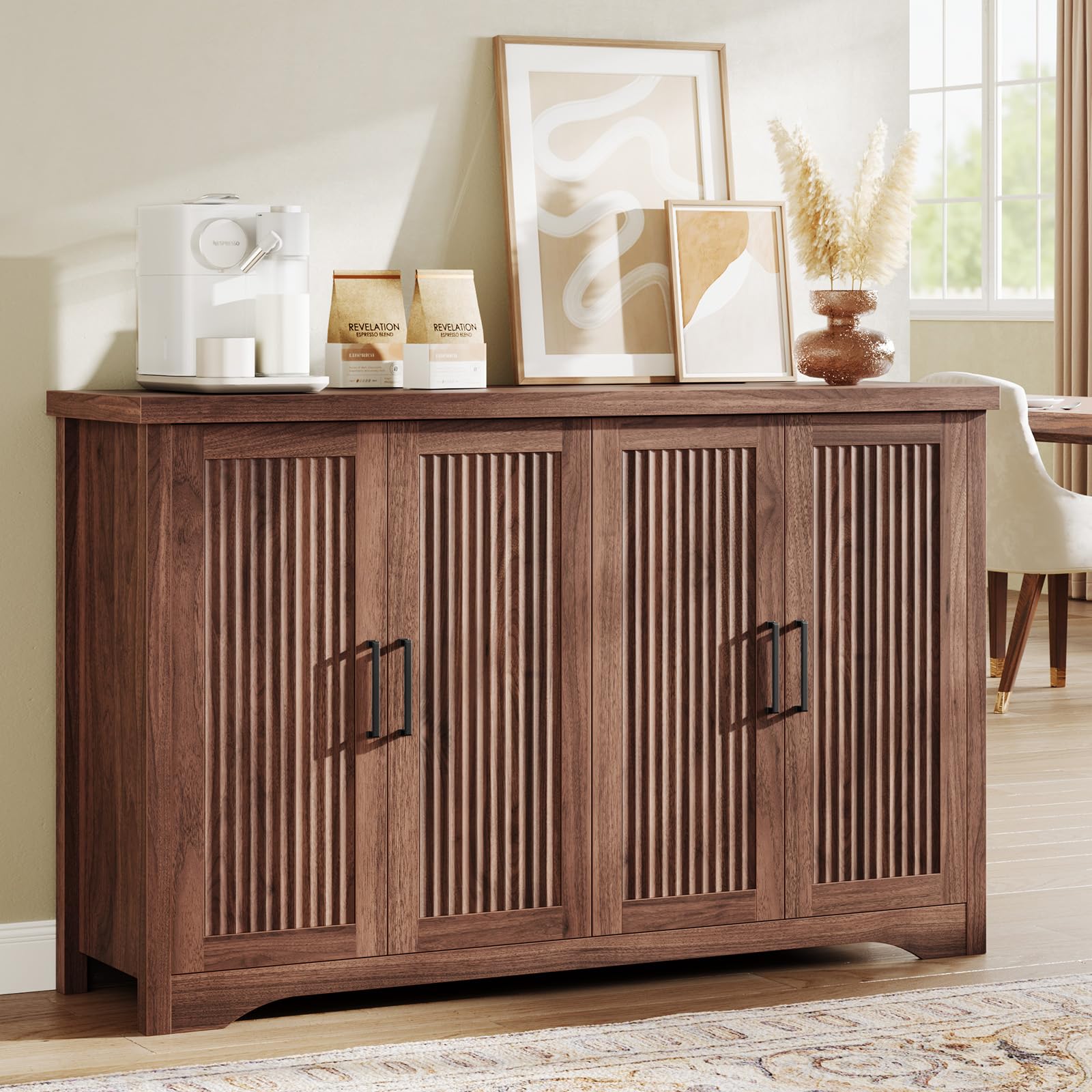 Memobarco Fluted Buffet Cabinet with Storage Accent Sideboard,Modern Credenza with 4 Doors & Adjustable Shelves,Wood Coffee Bar Table Console for Dining Room Kitchen Living Room Entryway,Natural Oak