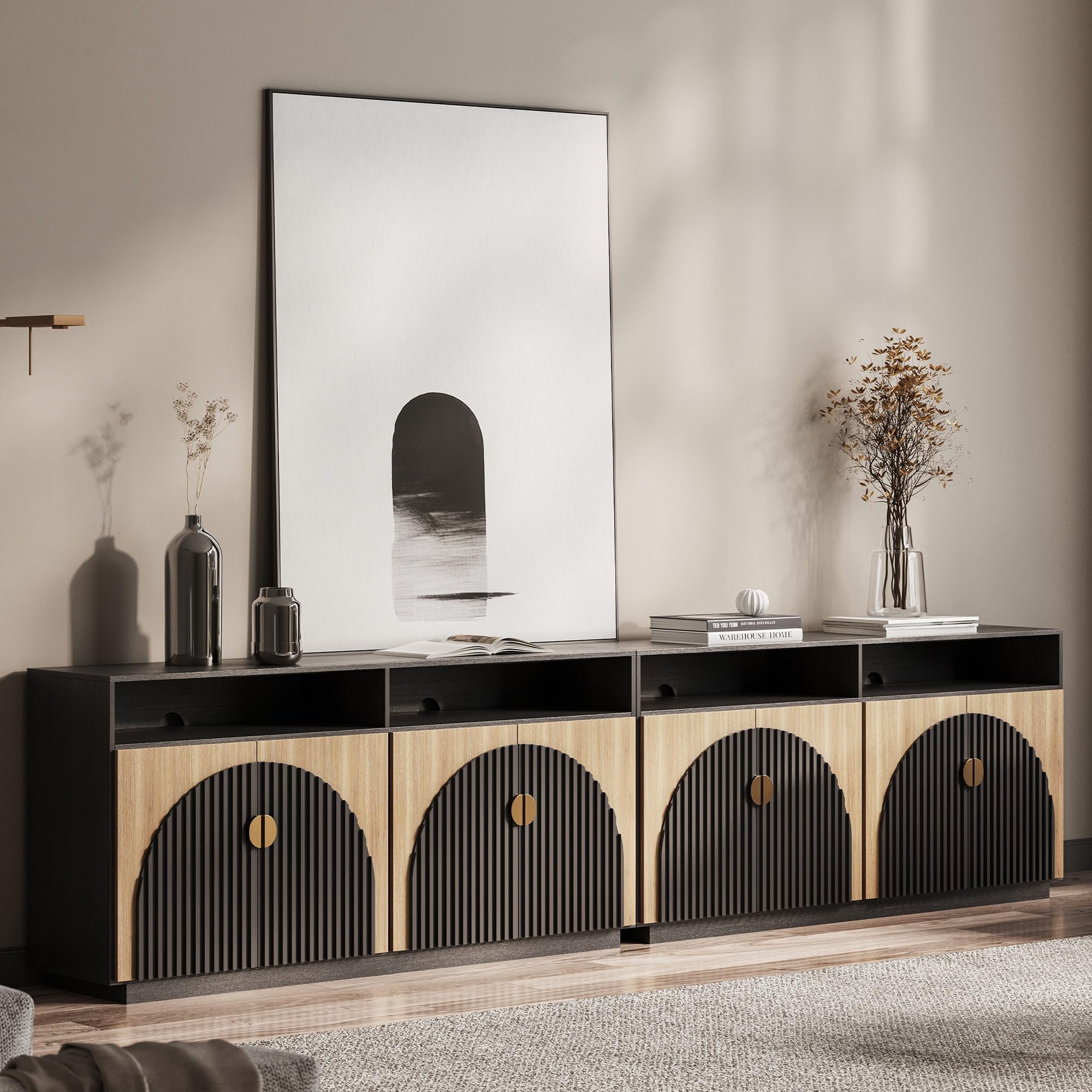 BELLEZE Modular Sideboard with Double-Arc Wood Doors, Small Arched Buffet Cabinet with Storage and Adjustable Shelves, Classic Modern Credenza for Dining Room, Living Room, or Entryway(Camel)