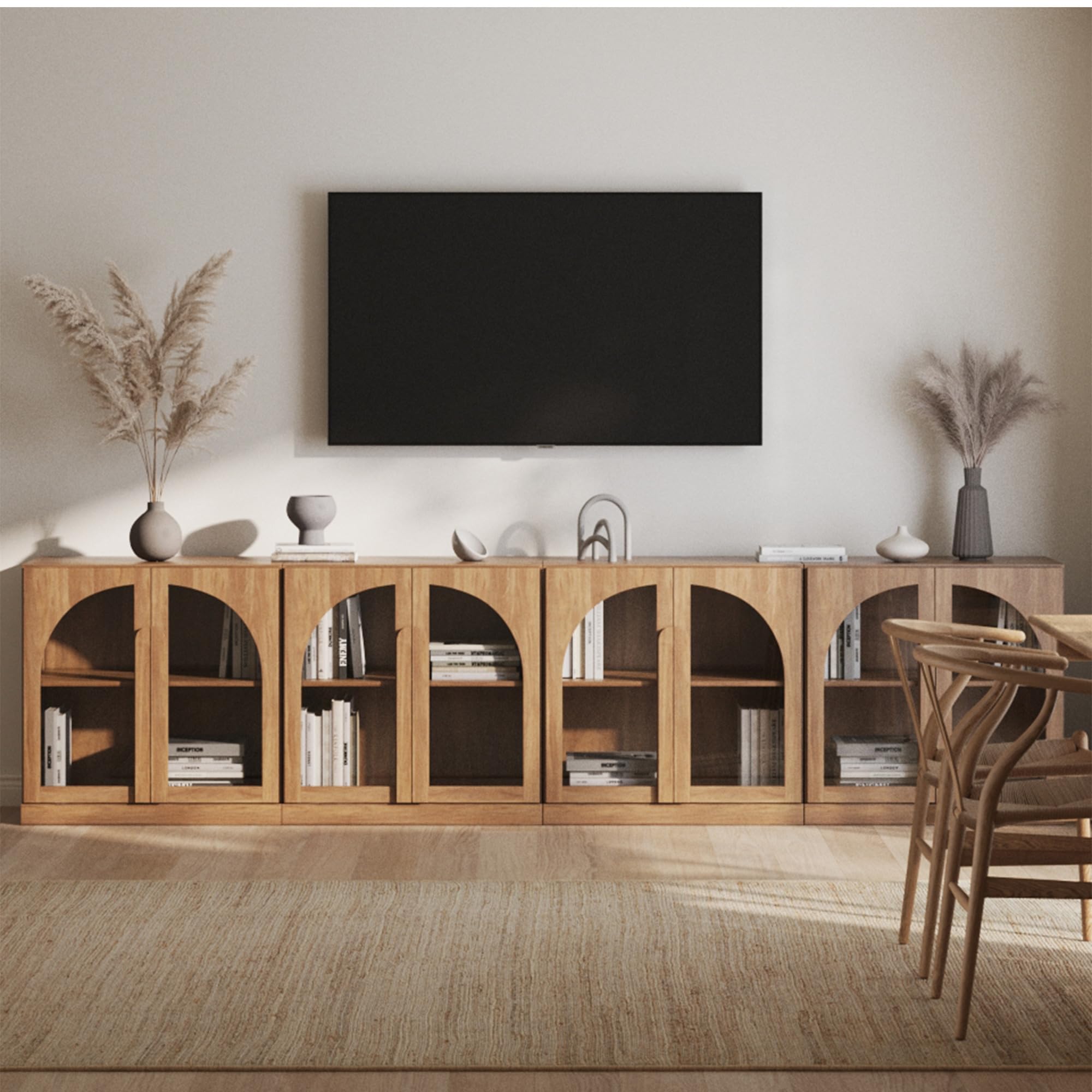 BELLEZE Modular Sideboard with Double-Arc Wood Doors, Small Arched Buffet Cabinet with Storage and Adjustable Shelves, Classic Modern Credenza for Dining Room, Living Room, or Entryway(Camel)