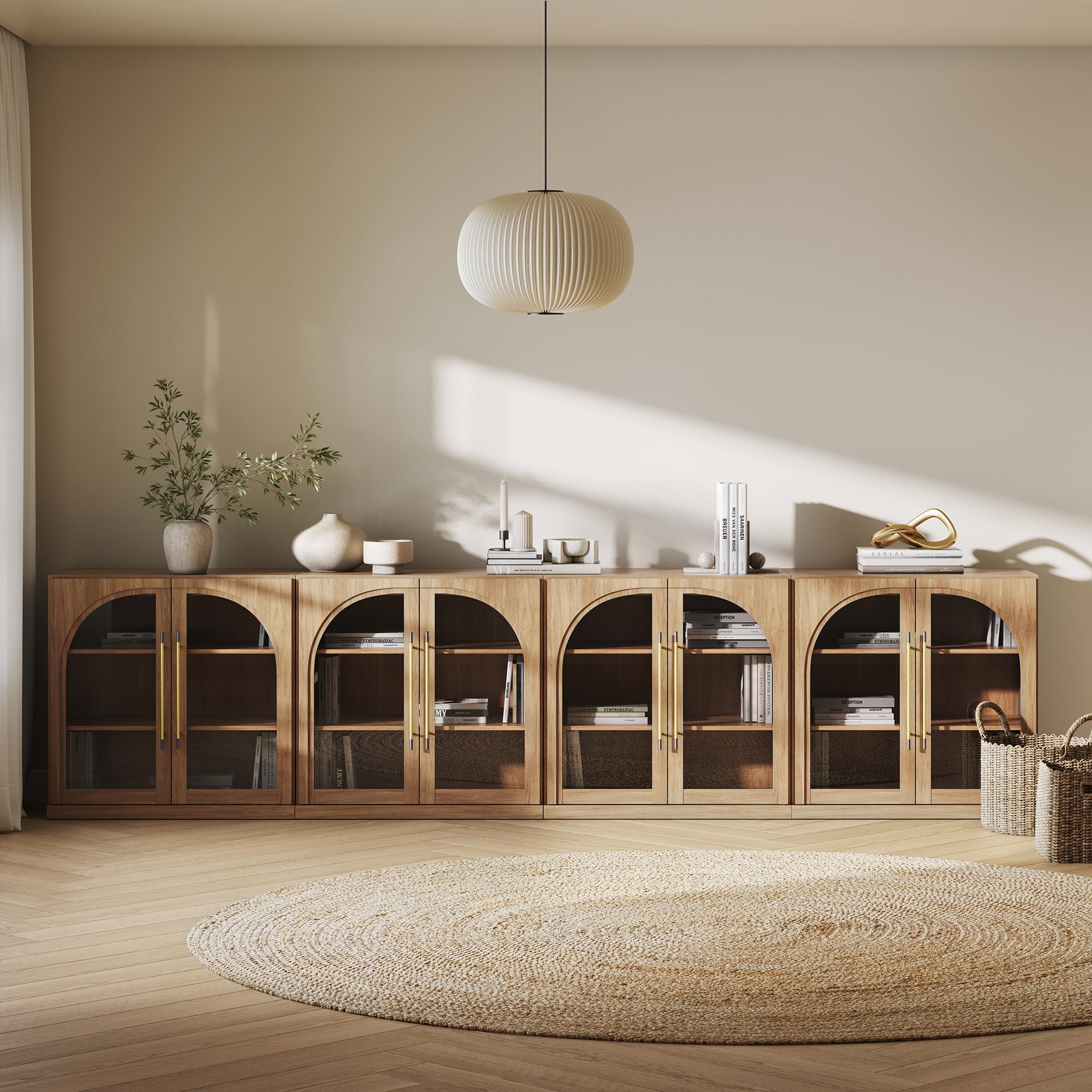 BELLEZE Modular Sideboard with Double-Arc Wood Doors, Small Arched Buffet Cabinet with Storage and Adjustable Shelves, Classic Modern Credenza for Dining Room, Living Room, or Entryway(Camel)