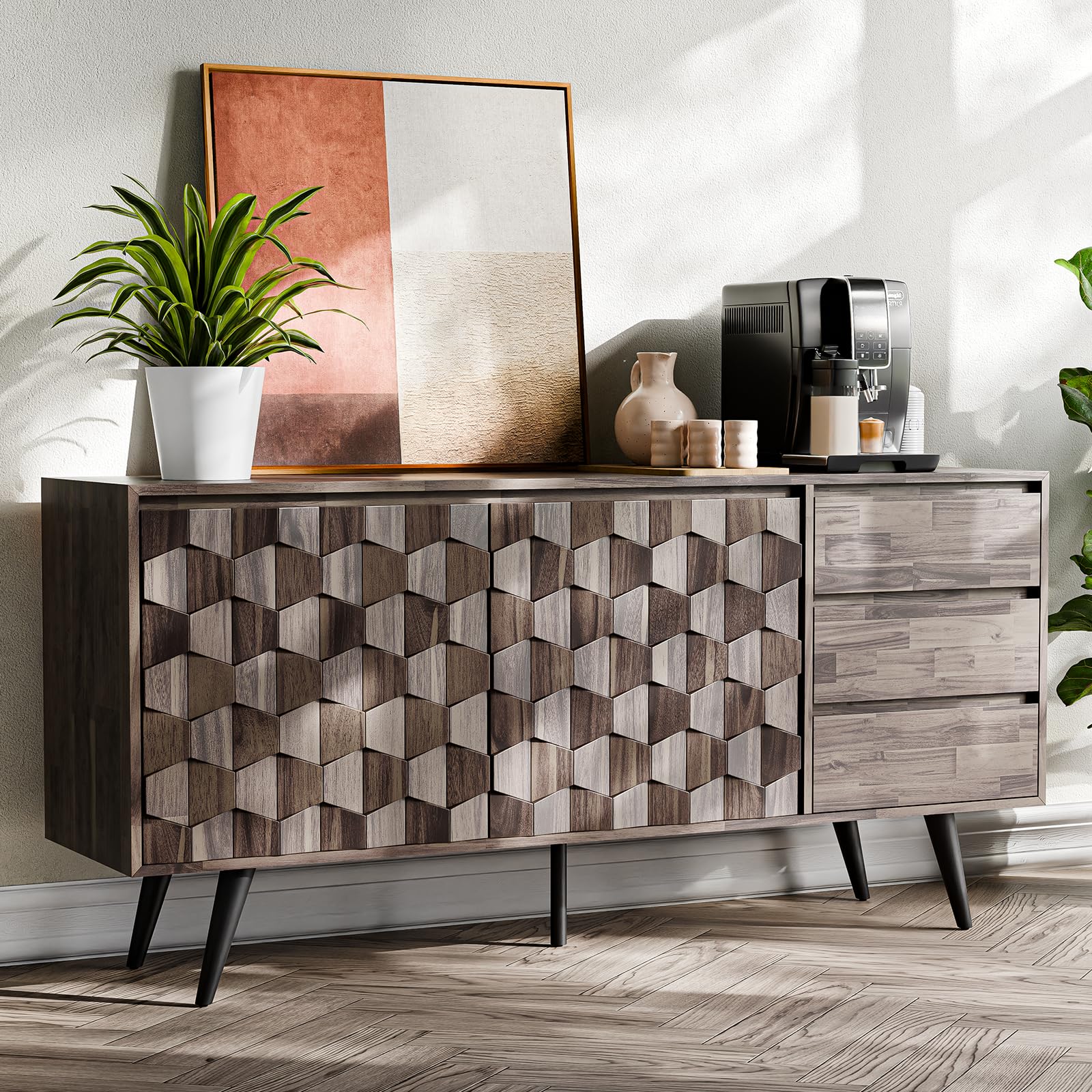 Bme Sideboard Georgina Solid Wood 2 Doors & 3 Drawers, 61'' Mid Century Modern Cabinet with Geometric Pattern for Kitchen, Dining, Living Room