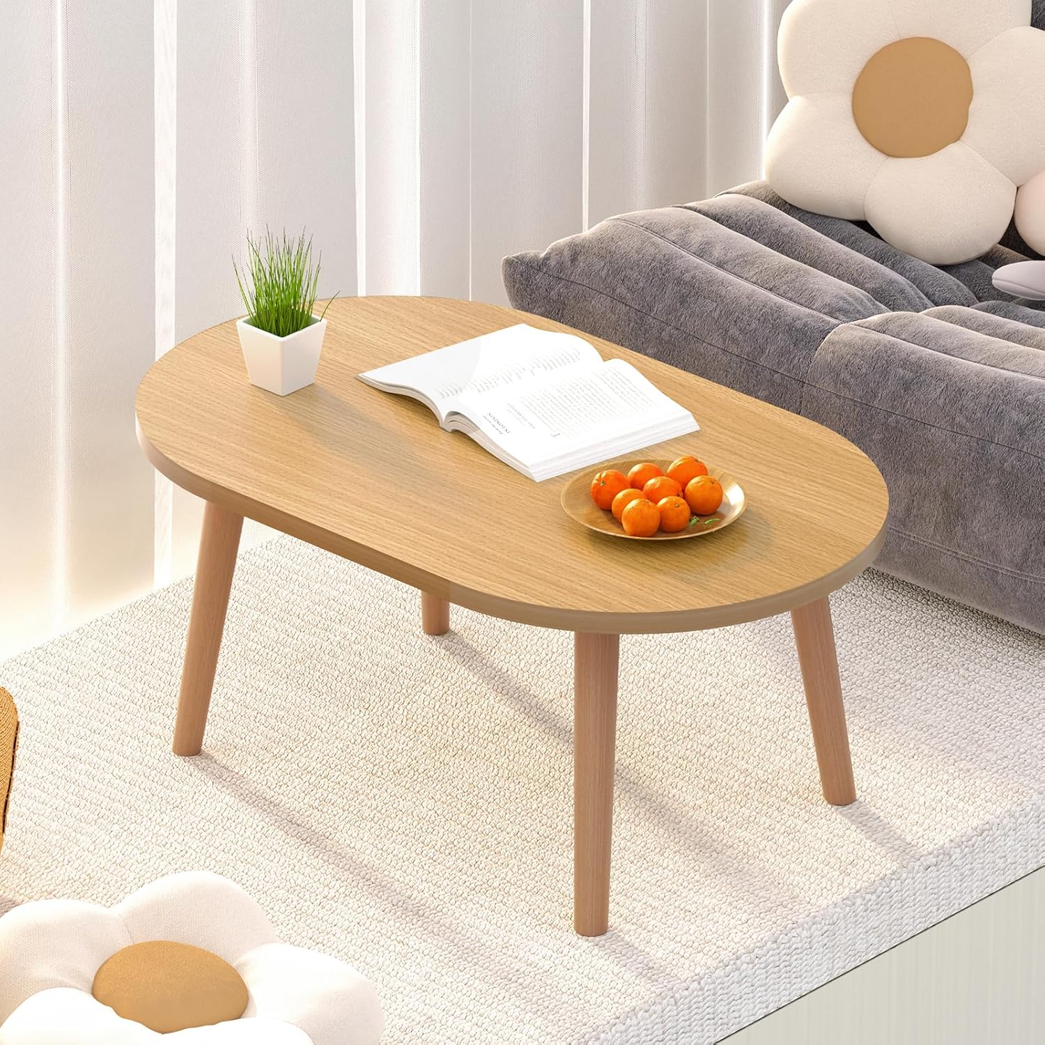 FAMIDGE Coffee Table, 23.6" Small Oval Coffee Tables for Small Space with 4 Solid Wood Leg, Floor Table Desk for Sitting on The Floor, Side Table Japanese Low Table for Living Room Apartment, Brown